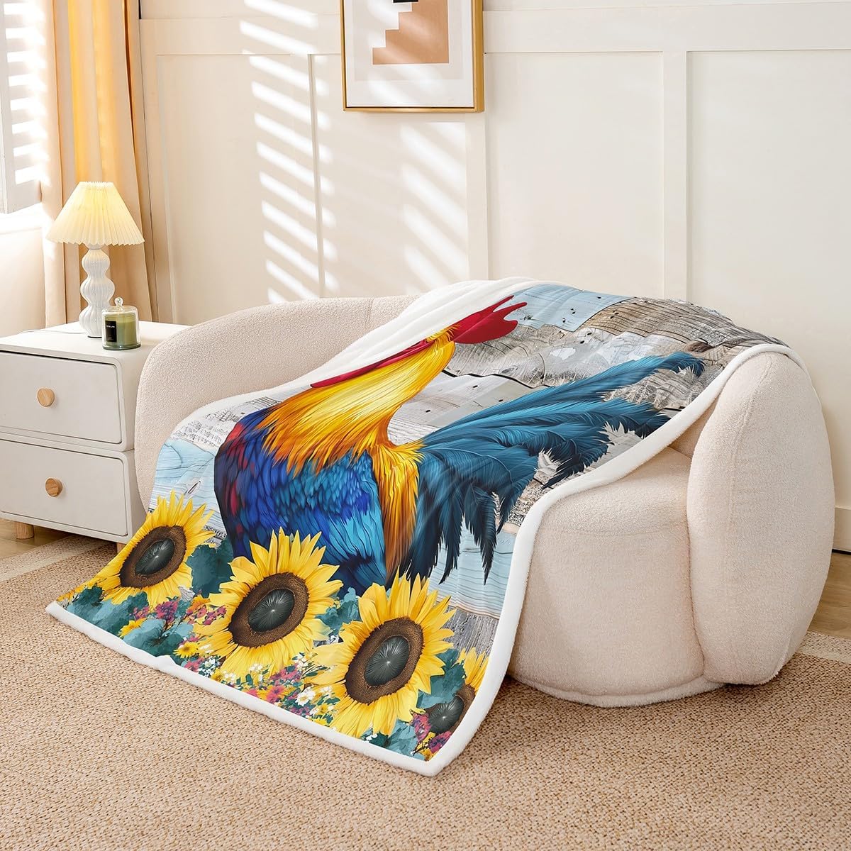 Farm Chicken Throw Blanket Throw 50"X60" Country Sunflower Rooster Sherpa Blanket Blue Grey Rustic Barn Door Fleece Blanket For Farmhouse Cabin Lodge,Blossom Floral Animal Fuzzy Blanket For Bed Couch