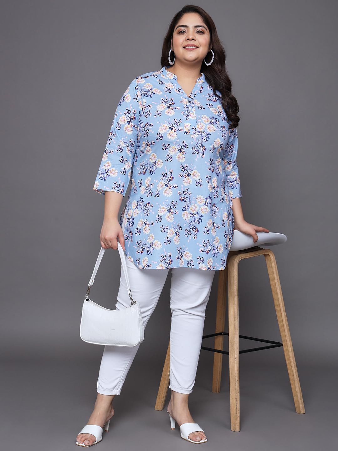 Tissu Women's Plus Size Sky Blue Floral Printed Pure Cotton Kurti (2257_Blue_8Xl)