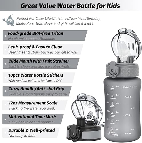 Miniatura 4 de Botella de agua de 12oz para niñosniñas pequeños, sin BPA, con marcador de tiempo que motiva a beber, 2 tapas de popoteboquilla, abre con un solo