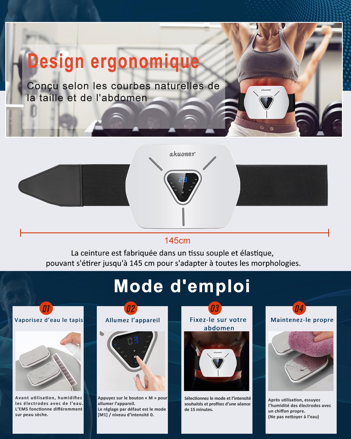 Ceinture Abdominale Electrostimulation - Electrostimulateur Musculaire Intégré, 8 Modes et 30 Niveaux, Confortable et Ajustable pour Abdos, Dos - Stimulateur Musculaire Electrique