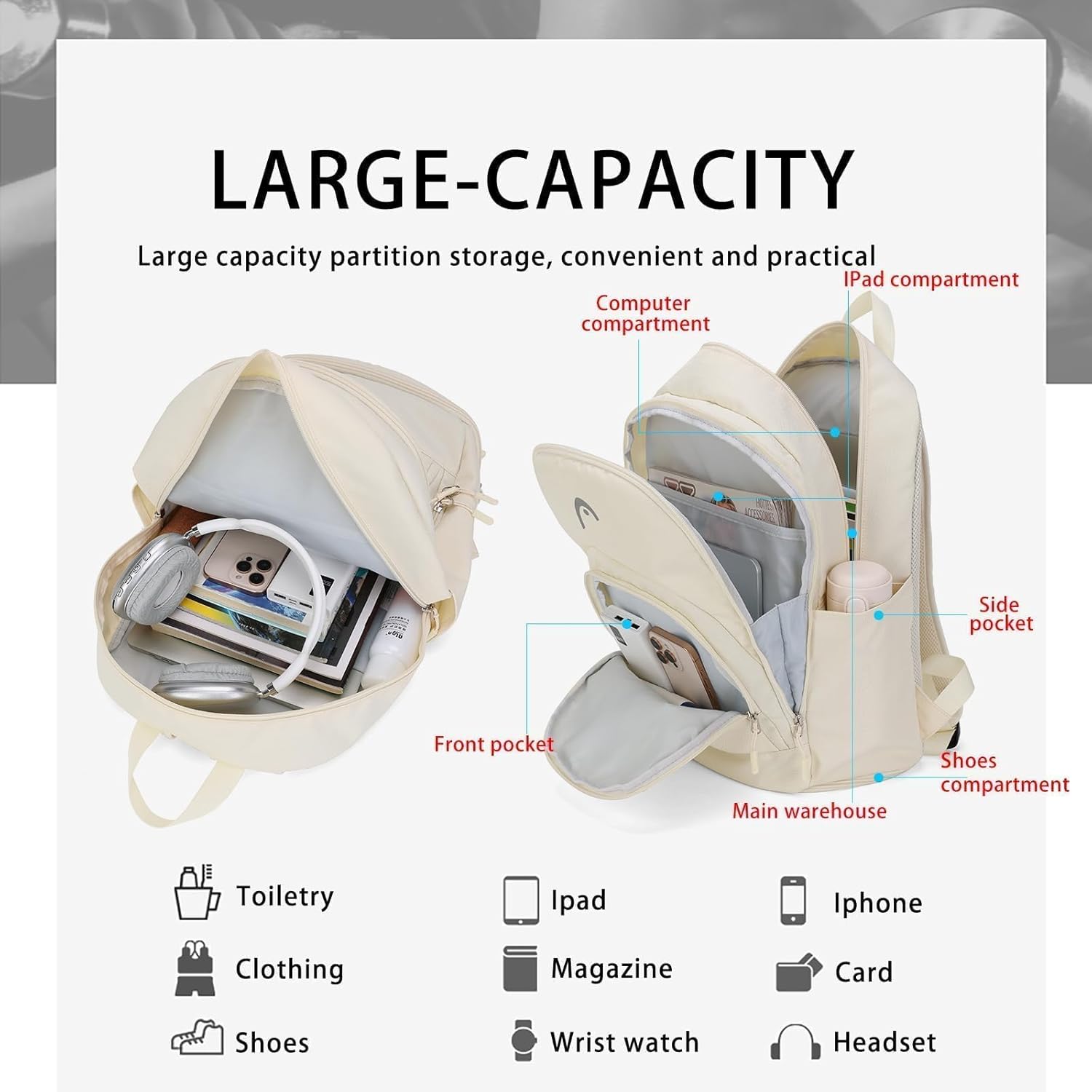 HEAD Waterproof Travel Backpack for Women, Lightweight 15.6 Inch Laptop Backpack with Shoes Compartment, Casual Daypack College Backpacks with 8 Pockets for Overnight/Sports Gym/Work/Fitness