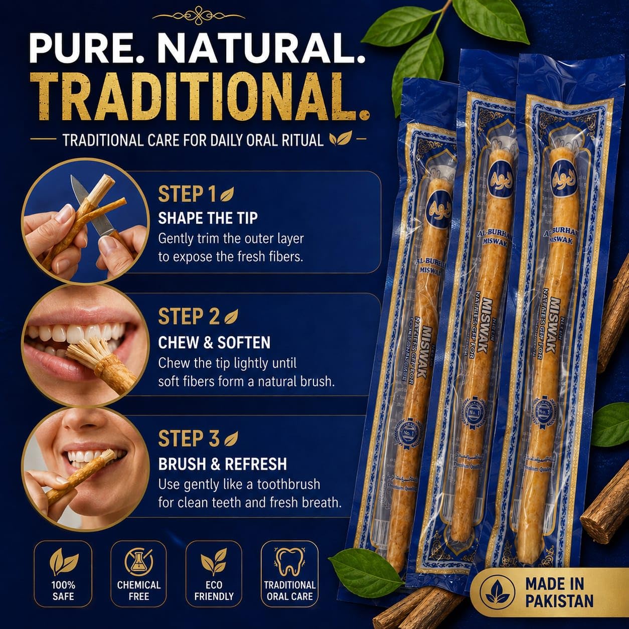 Natural Miswak Sticks Pack of 3 - Organic Siwak Toothbrush for Oral Care image 4