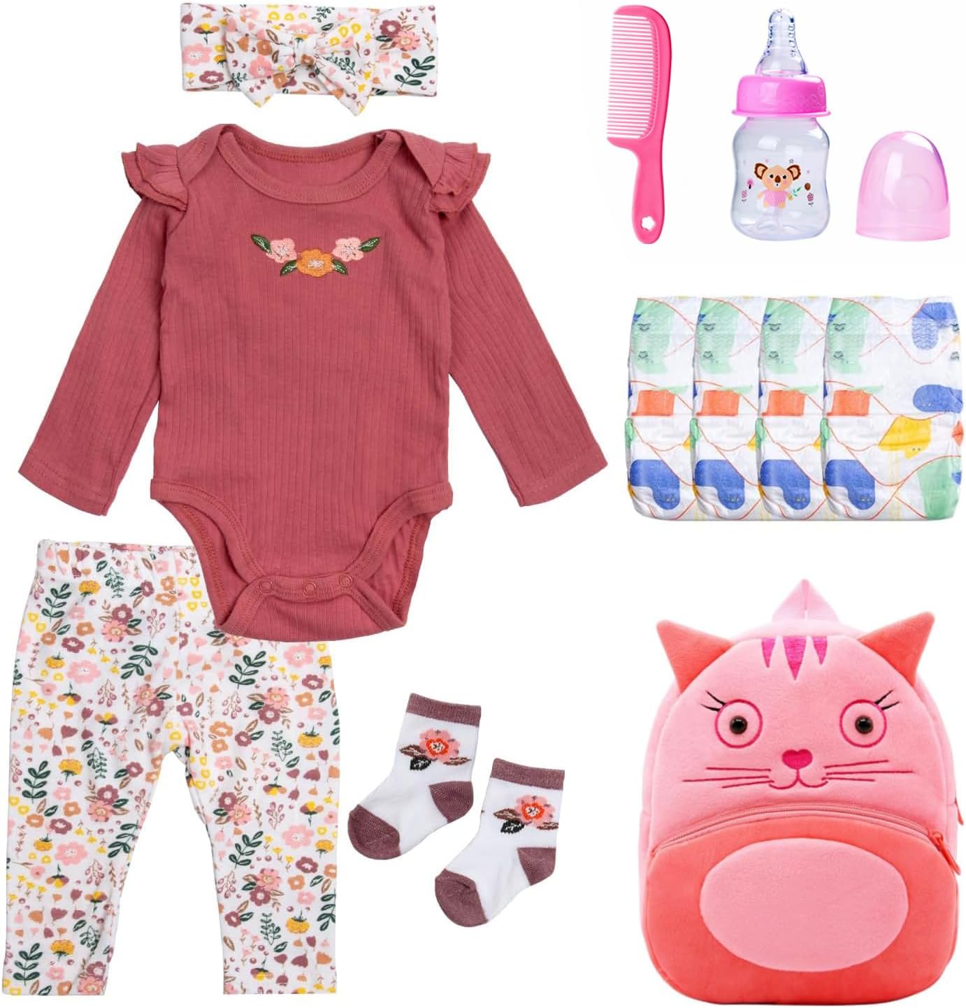 11Pcs Reborn Baby Doll Clothes 17-22 Inch Girl Floral Reborn Doll Clothes with Backpack Newborn Baby Outfits Diapers Bag & Feeding-Bottle, Pretend Play Doll Accessories Set