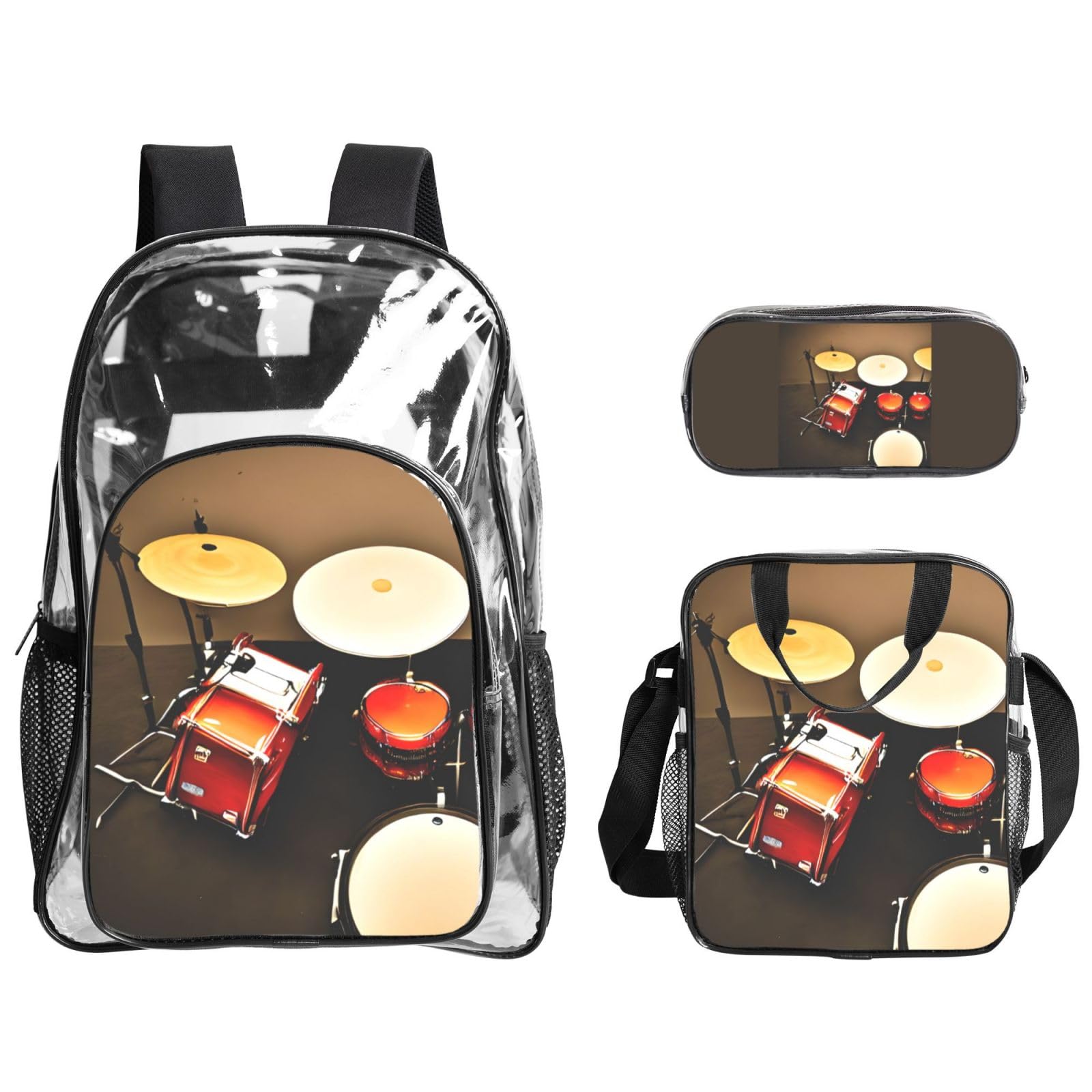 Schlagzeug-Set, Standarddruck, für Damen, Herren, Kinder, transparent, Rucksack, Schule, Reisen, 3-teiliges Lunchpaket