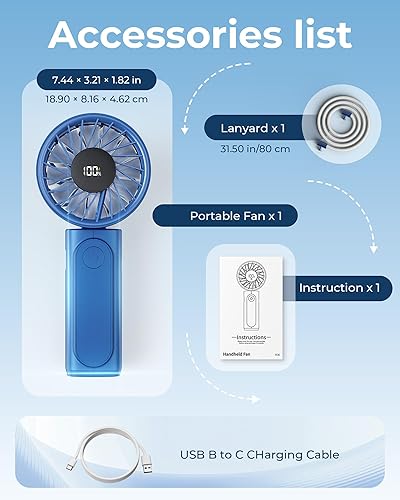 Vista 8 de Ventilador de mano, ventilador portátil, ventilador personal recargable de 4000 mAh, mini ventilador de escritorio plegable de 180° con 6 Azul