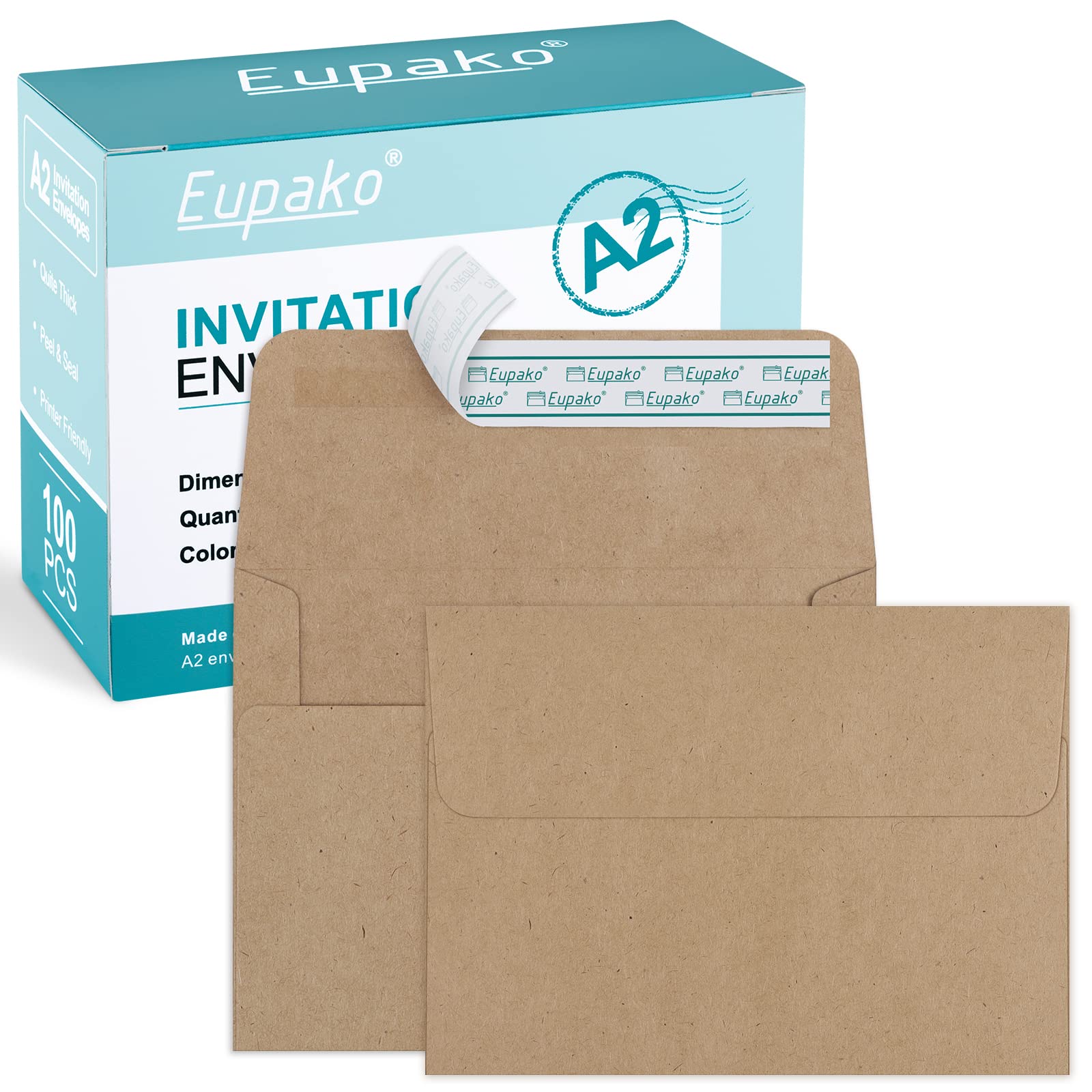 Eupako A2 Brown Paper Envelopes, 100 Pack 4.35 x 5.75 Inch Invitation Envelopes Self Adhesive for Reply Wedding Thank You Cards Photos Announcements
