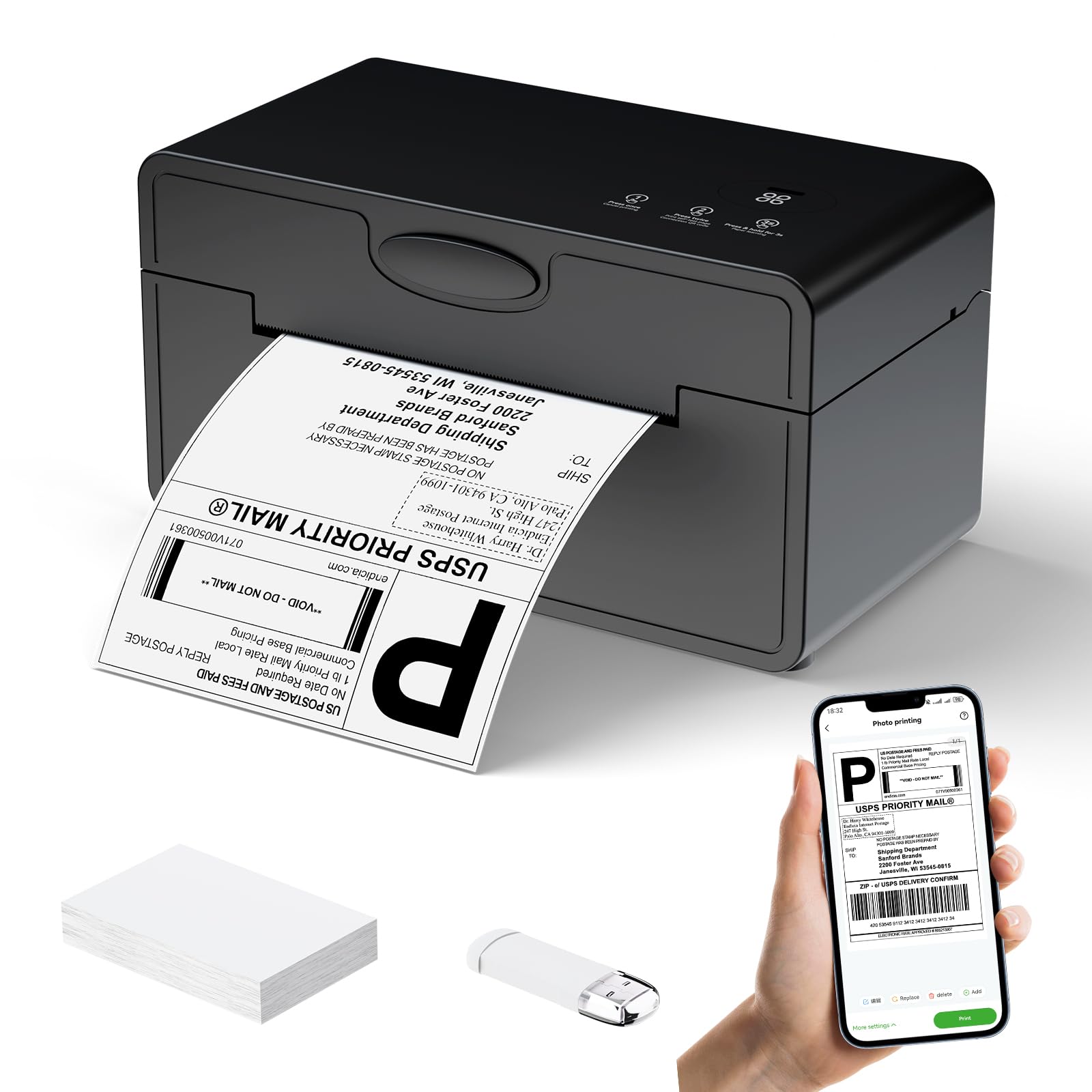 PeriPage Imprimante d'étiquettes d'expédition thermique Bluetooth, imprimante d'étiquettes d'expédition sans fil 4 x 6 pour l'expédition de colis, compatible avec iPhone, iPad, Android, Windows