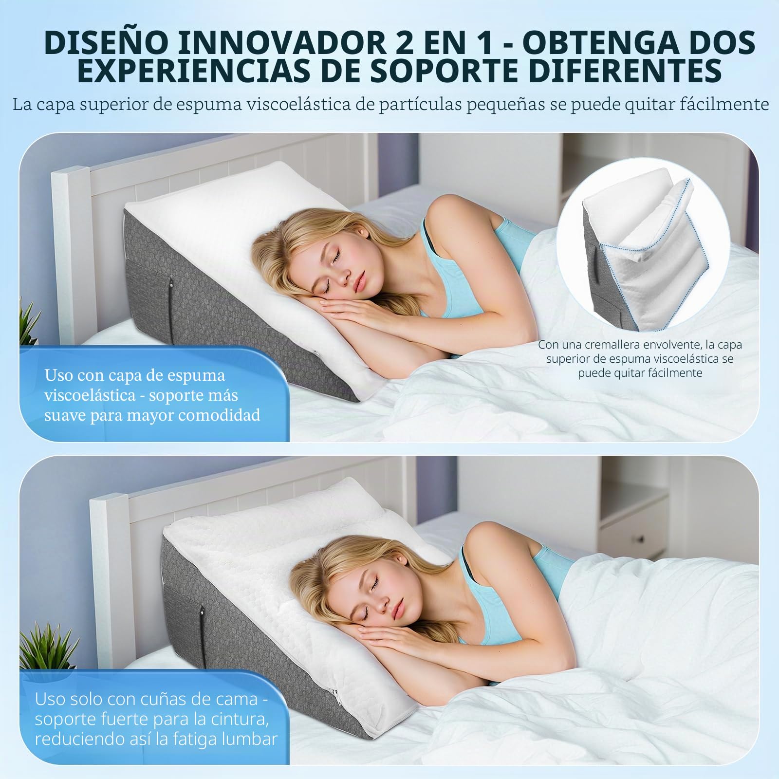 Almohada de cuña de espuma viscoelástica, almohada de lectura, almohada terapéutica para dormir para reflujo, apnea del sueño y problemas de espalda (55 x 55 x 25 cm, inclinación de 25°