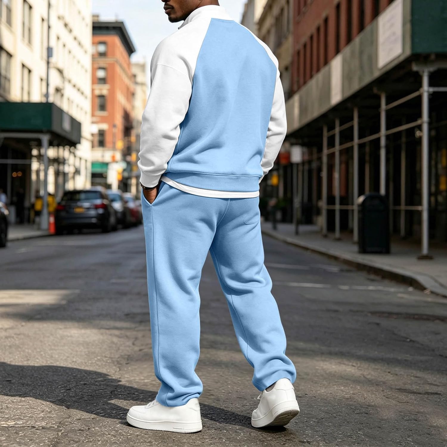 Mens 2 Piece Tracksuit Set 1/4 Zip Color Block Tops Wide Leg Pants