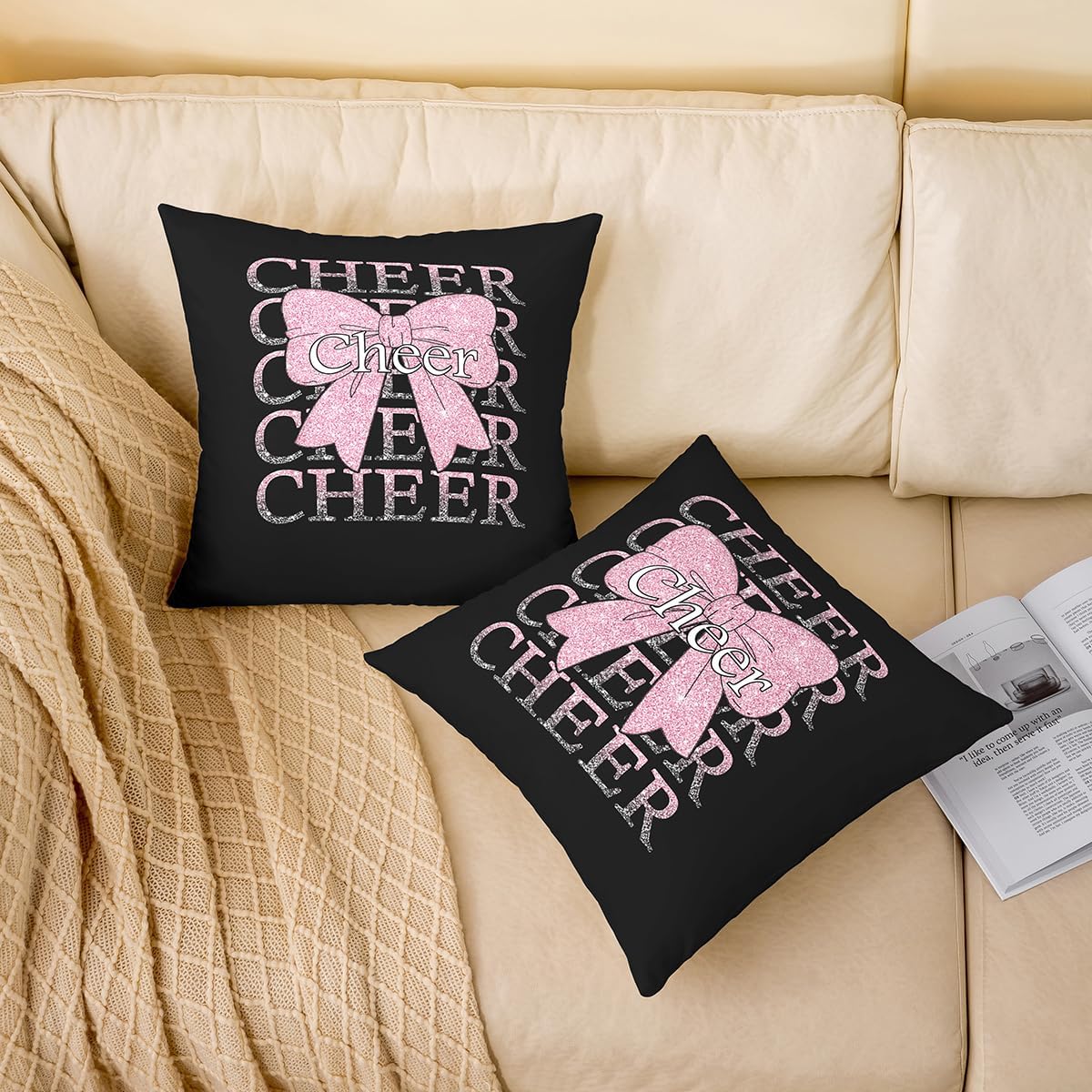 Feelyou Cheer Bow Throw Pillow Covers 1 Pcs Cheerleader Square Cushion Covers Funny Sport Pillow Case Light Pink Cushion Case for Couch Sofa Bedroom Decor 24 x 24-Inch