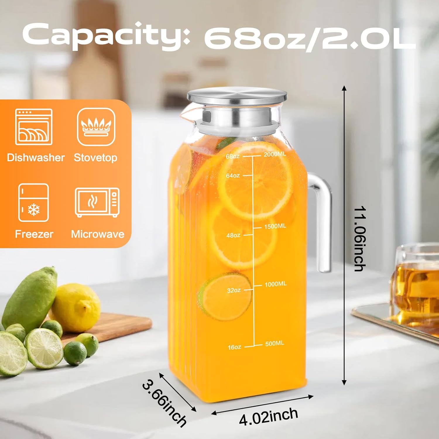 Aofmee 68oz Glass Pitcher for Fridge, 2 Liter Square Water Pitcher with Lid and Handle, Heat Resistant Tea Pitchers, Borosilicate Glass Carafe with Scale Line for Hot/Cold Beverage 68 OZ-Square-1