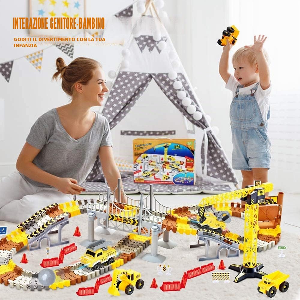 Mini Tudou Costruzione Flessibile Piste da corsa 2 veicoli da elettrici | Giocattoli da pista ingegneristici con dumper,gru,accessori di assortimento per bambini