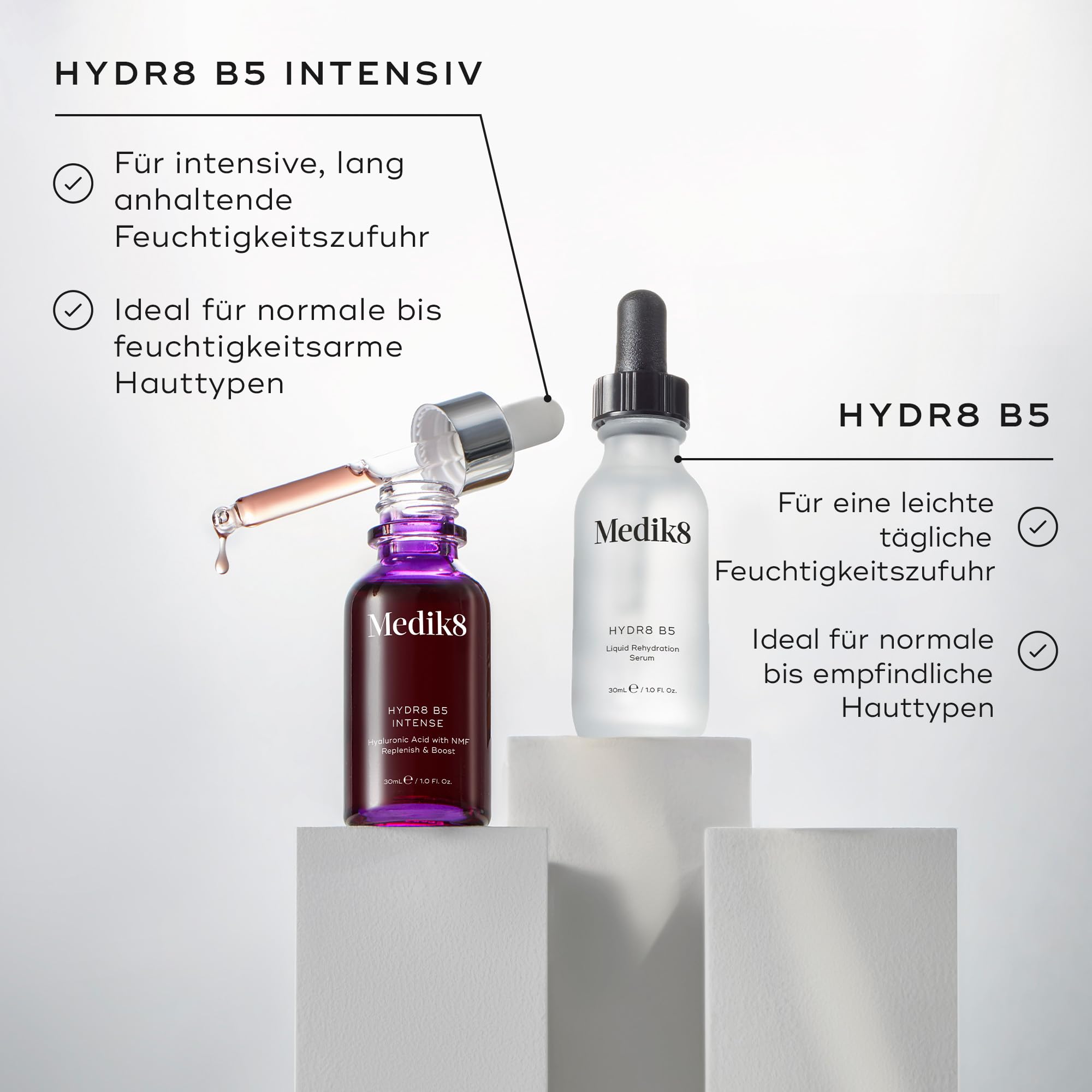 Medik8 Hydr8 B5 Intense - Aufgeladene, mehrfach gewichtetes Hyaluronsäure-Serum - Wirkt füllend, glättet & polstert die Haut auf - Ideal für normale bis trockene Hauttypen - 30ml