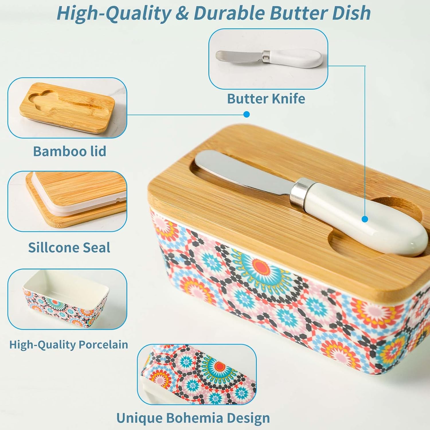 Butter Dish with Lid, Large Butter Dish for Countertop, Ceramic Butter Keeper Container with Knife and Silicone Sealing Butter Box for Home Decor Good Kitchen Gift RetroB