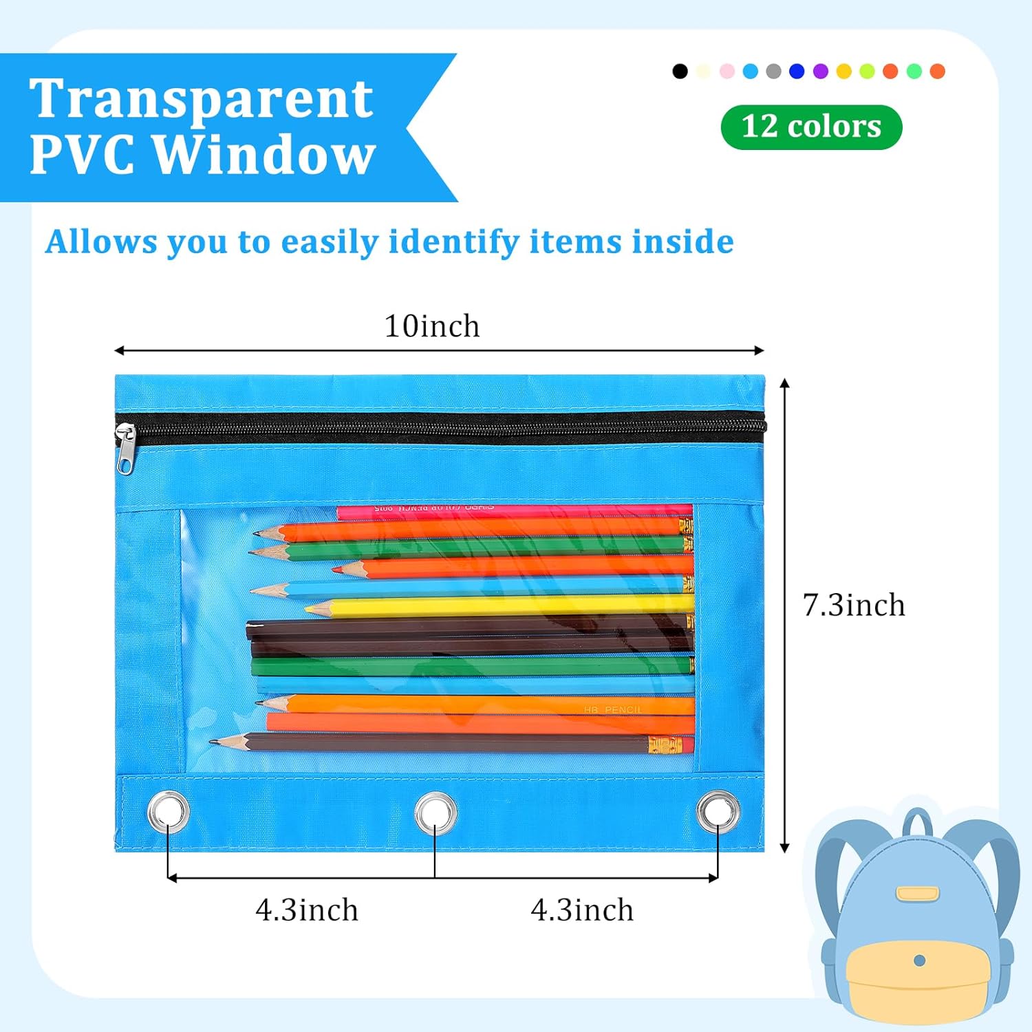 24 Pack Pencil Pouch for 3 Ring Binder, 12 Colors Zipper Pen Pouches Bags with Clear Window, 10x7.3 Inch Durable Cloth Pencil Case for Office Supplies - Image 2
