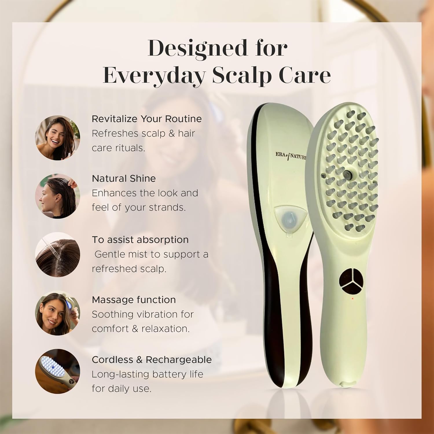 era of nature 4-in-1 Electric Scalp Massager for Thicker-Looking Hair & Root Vitality – Waterproof Vibrating Brush with Red & Blue Light – Rechargeable Follicle Stimulator for All Hair Types, Unisex