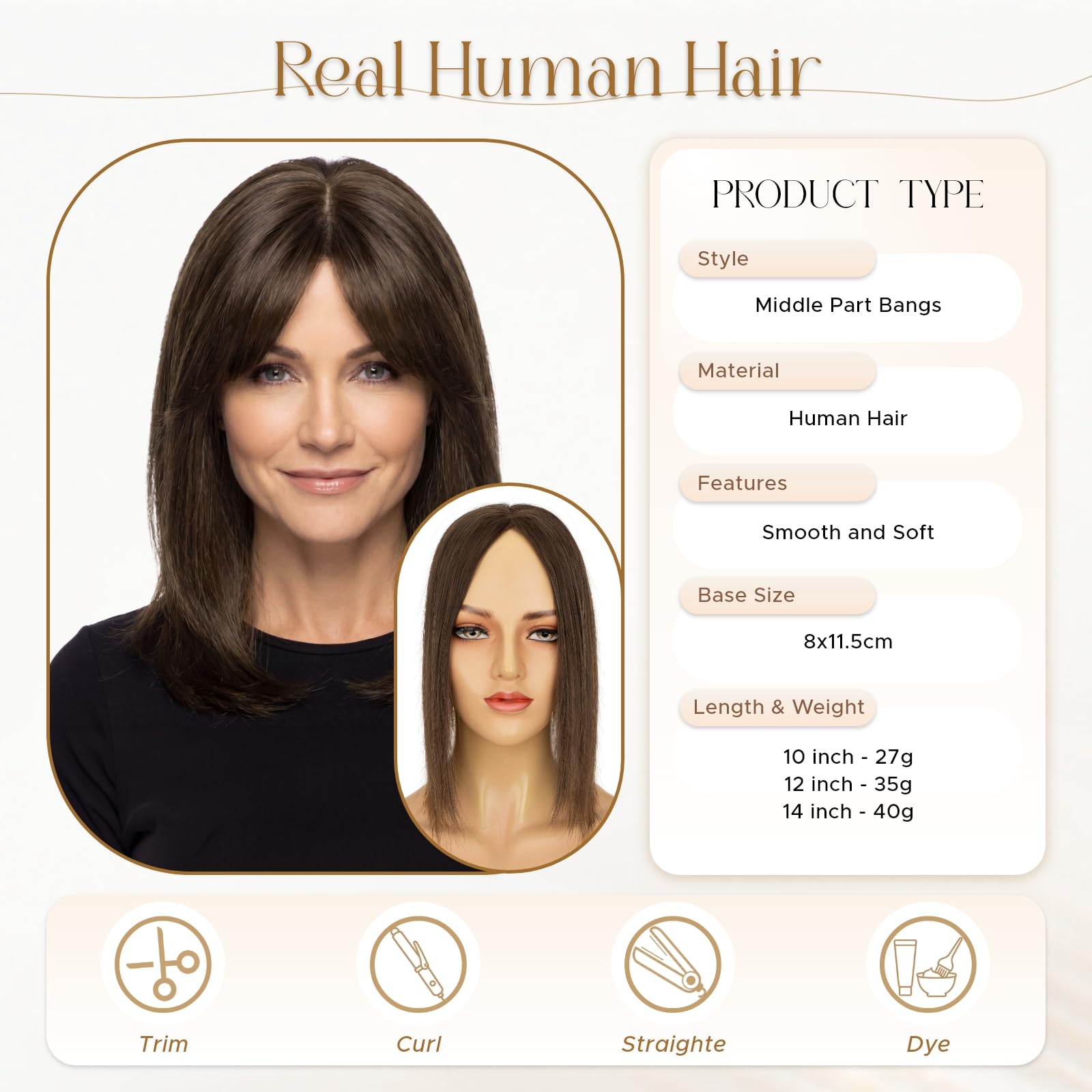 MY-LADY Hair Topper Cabello Humano Invisible Marrón Oscuro 40g 35cm | Base Lace 8x11,5cm – natural & invisible, tejida a mano, ligera y transpirable, con 3 clips.