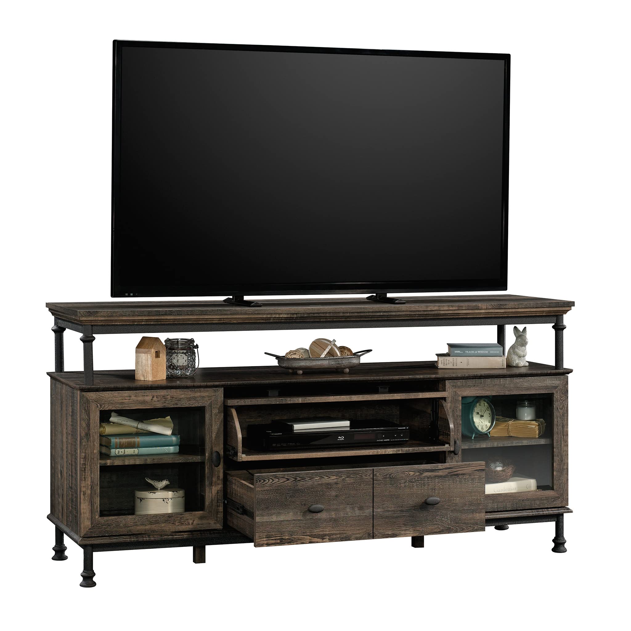 SauderCanal Street TV Credenza, L: 60.0" x W: 18.03" x H: 30.0", Carbon Oak Finish