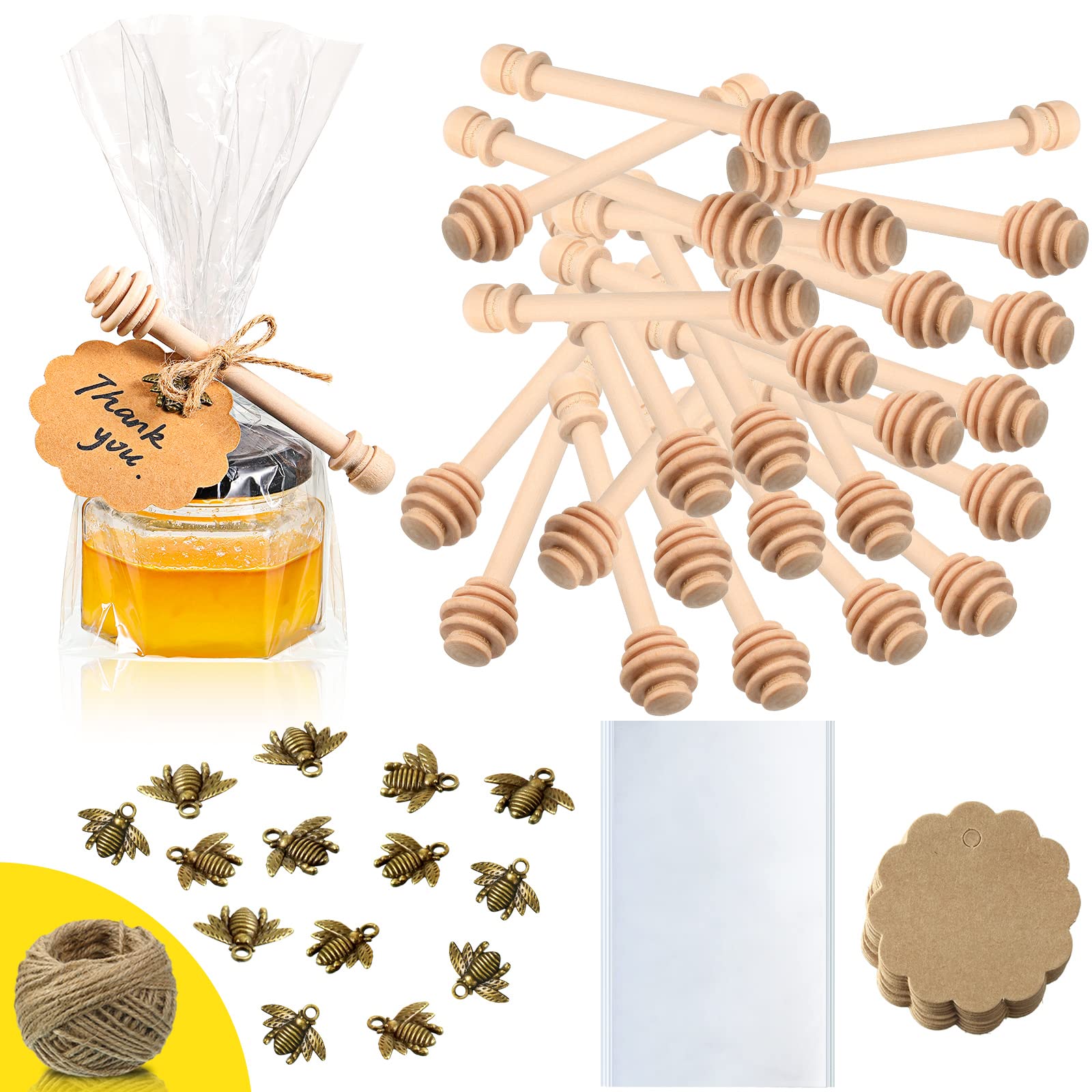 Shappy96 Pcs 4 Inch Wood Honey Dipper Sticks Set 24 Pcs Honey Dipper Sticks 24 Pcs Plastic Storage Bags 24 Pcs Kraft Paper Cards 24 Pcs Honeybee Charm Pendants with Jute Rope for Honey Jar DIY Craft