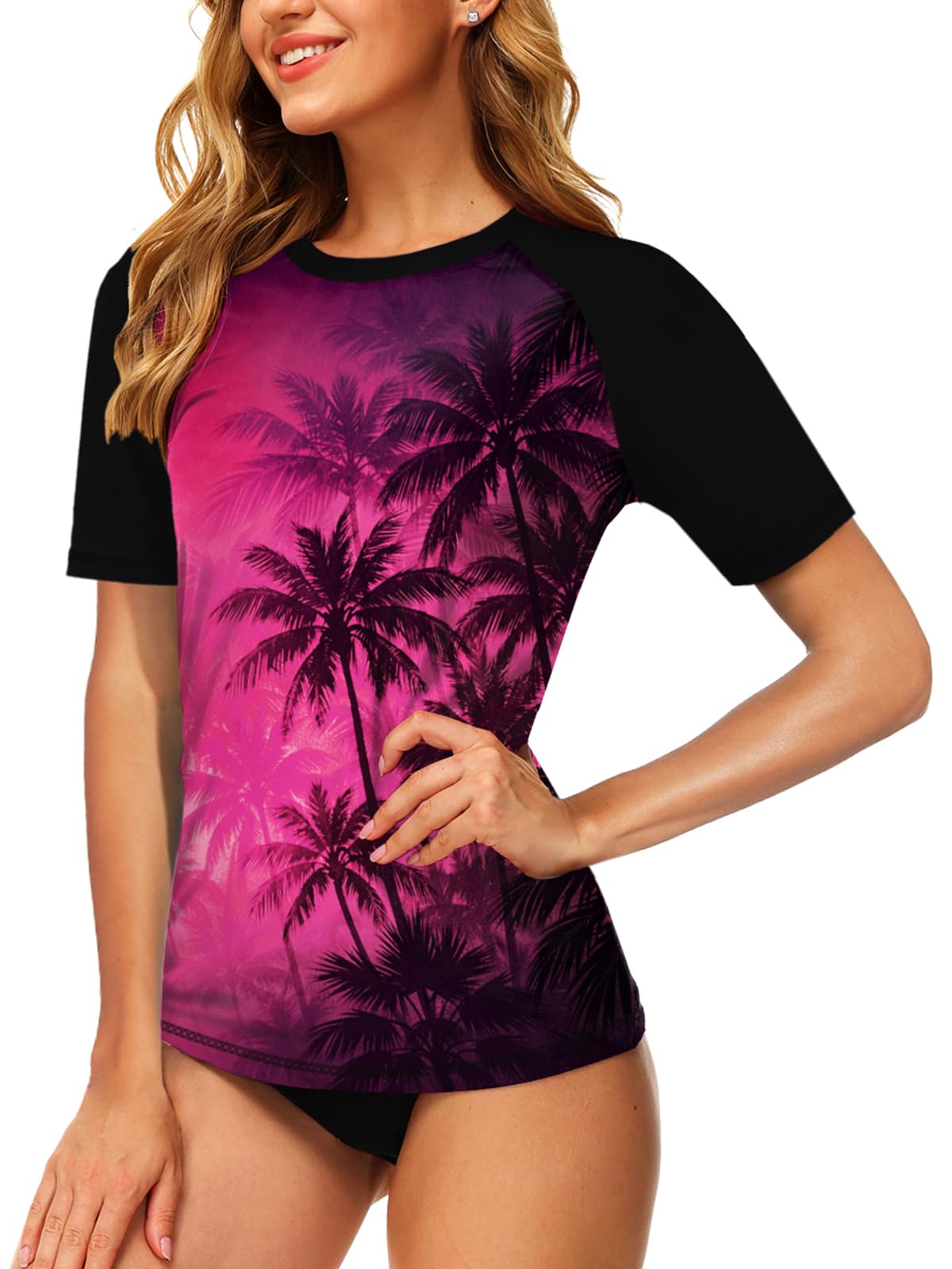 AOBUTE Women Short Sleeve Rash Guard UPF 50+ Tropical Sun Protection Floral Swim Shirts