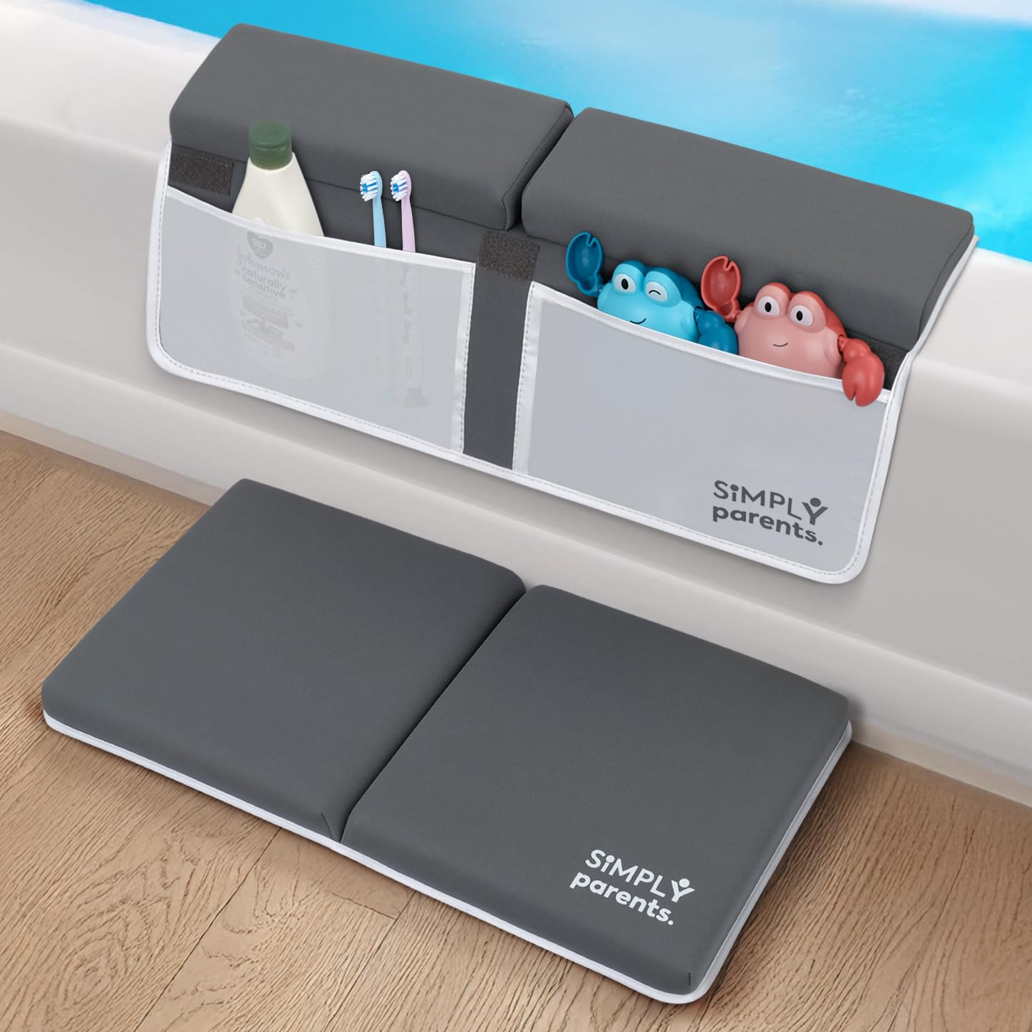 Baby-Badewannenknie- und Ellenbogenstütze, schnelltrocknend, rutschfest, zum Baden von Kleinkindern, Spielzeug-Organizer-Taschen, Geschenkbox, Zubehör für Wanne, Grau