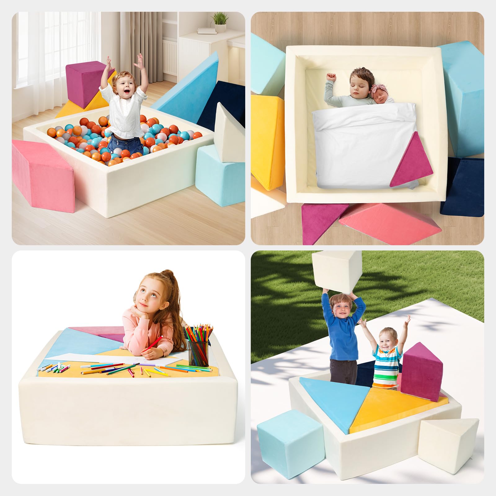 Tangram Square Puzzles Couch, Kids Play Sofa, 7pcs Foam Climbing Blocks with Ball Pit, Puzzle Solving Couch, 1600+DIY Creativing Playroom Furniture for Toddlers, Soft Play Activity Playset