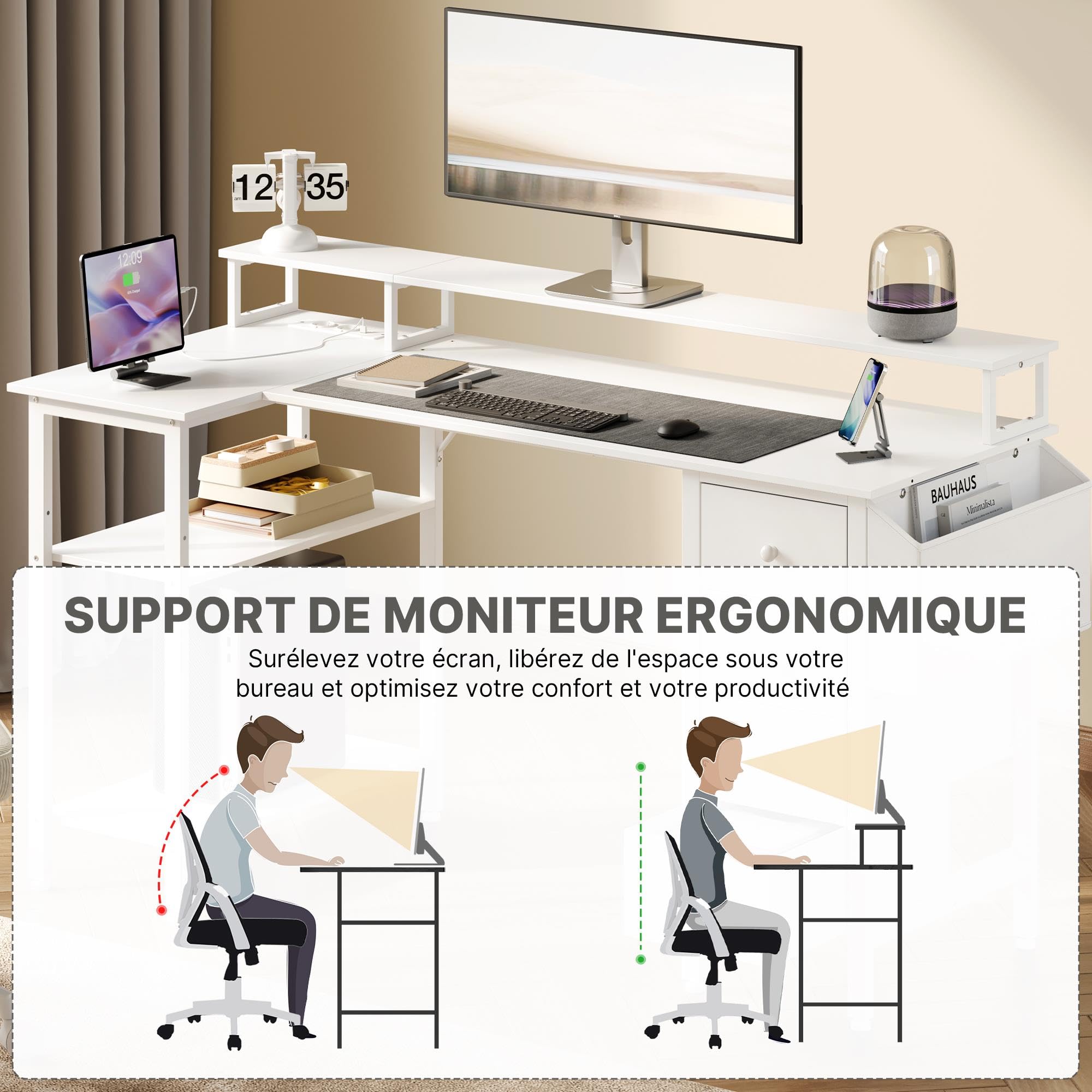 Abician Bureau d'angle Réversible, 140x68cm, avec Port De Charge USB, Blanc