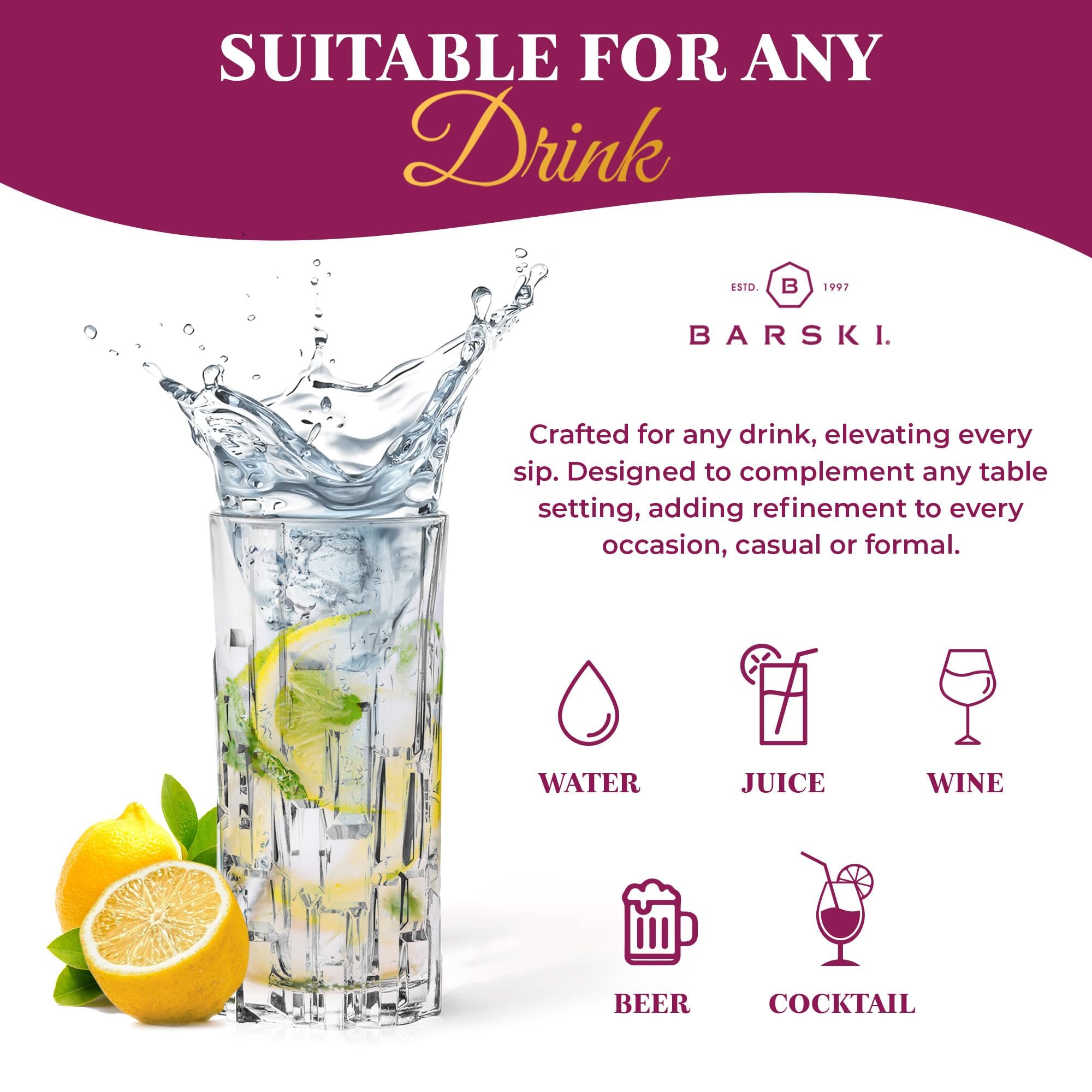 Barski Highball Glass – Juego de 2 vasos Hiball – Vaso de cristal – para agua, jugo, cerveza, cócteles mixtos, vidrio de mojito, cristalería Tom Collins Bar, 11.5 onzas, fabricado en Europa