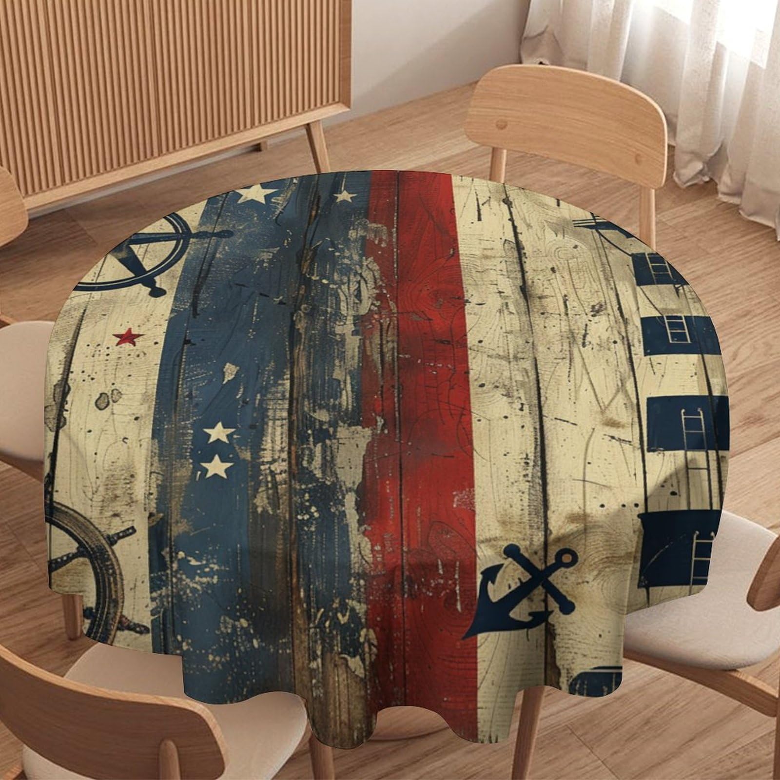 TOWINSFB Vintage Wooden Striped Lighthouse Round Tablecloth Nautical Rudder Anchor Table Cloth for Home Kitchen Holiday Decor Party Indoor Outdoor,