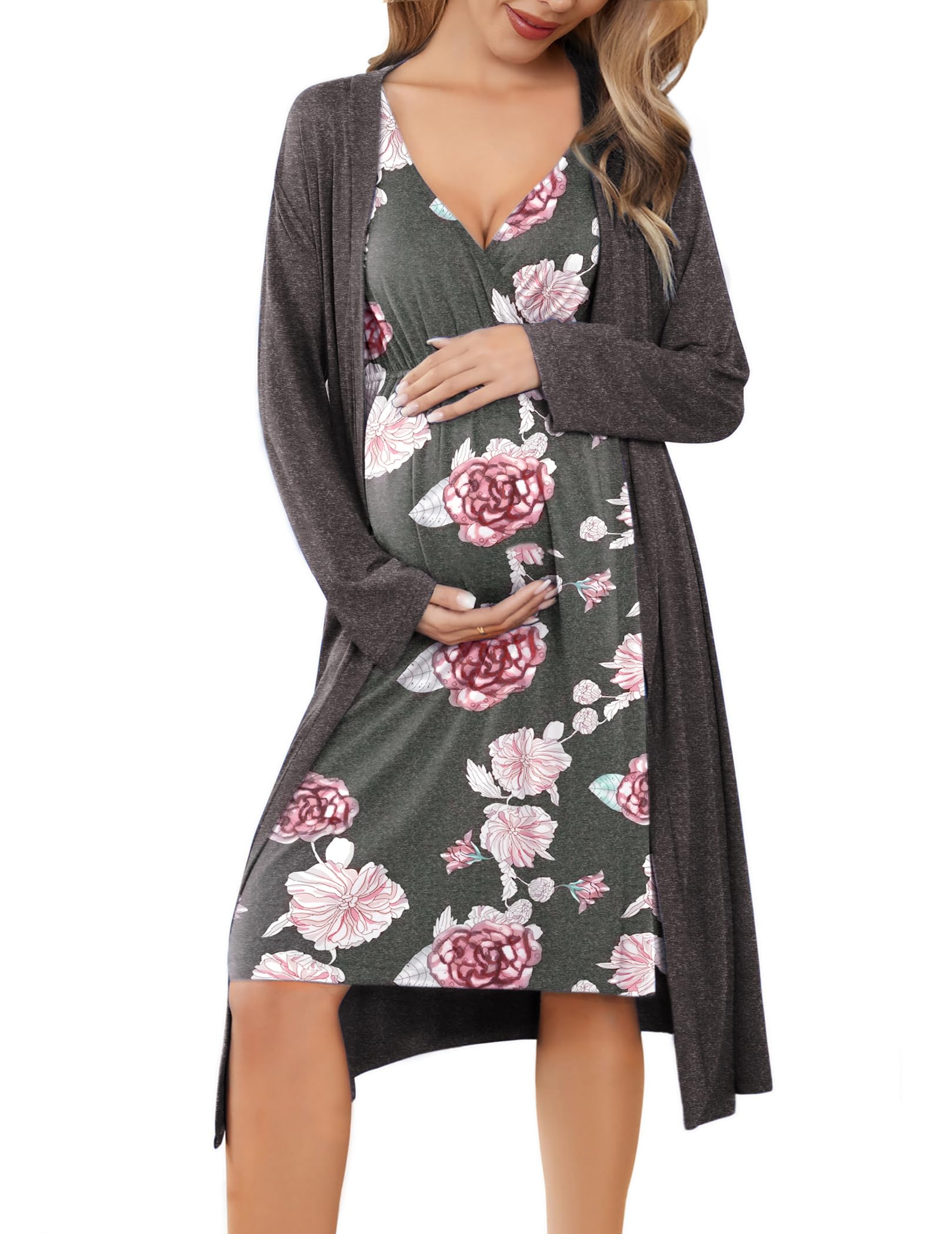 Ekouaer Maternity Nursing Gown and Robe Set Labor Delivery Nightgowns
