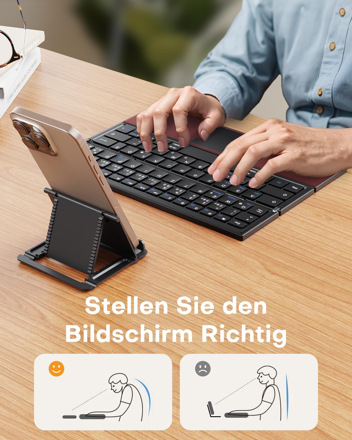 OMOTON Faltbare Bluetooth Tastatur mit Touchpad, Tragbare Kabellose Tastatur Mini Reise für iOS Android Windows Laptop PC Tablet Smartphone, QWERTZ - Burgunderrot