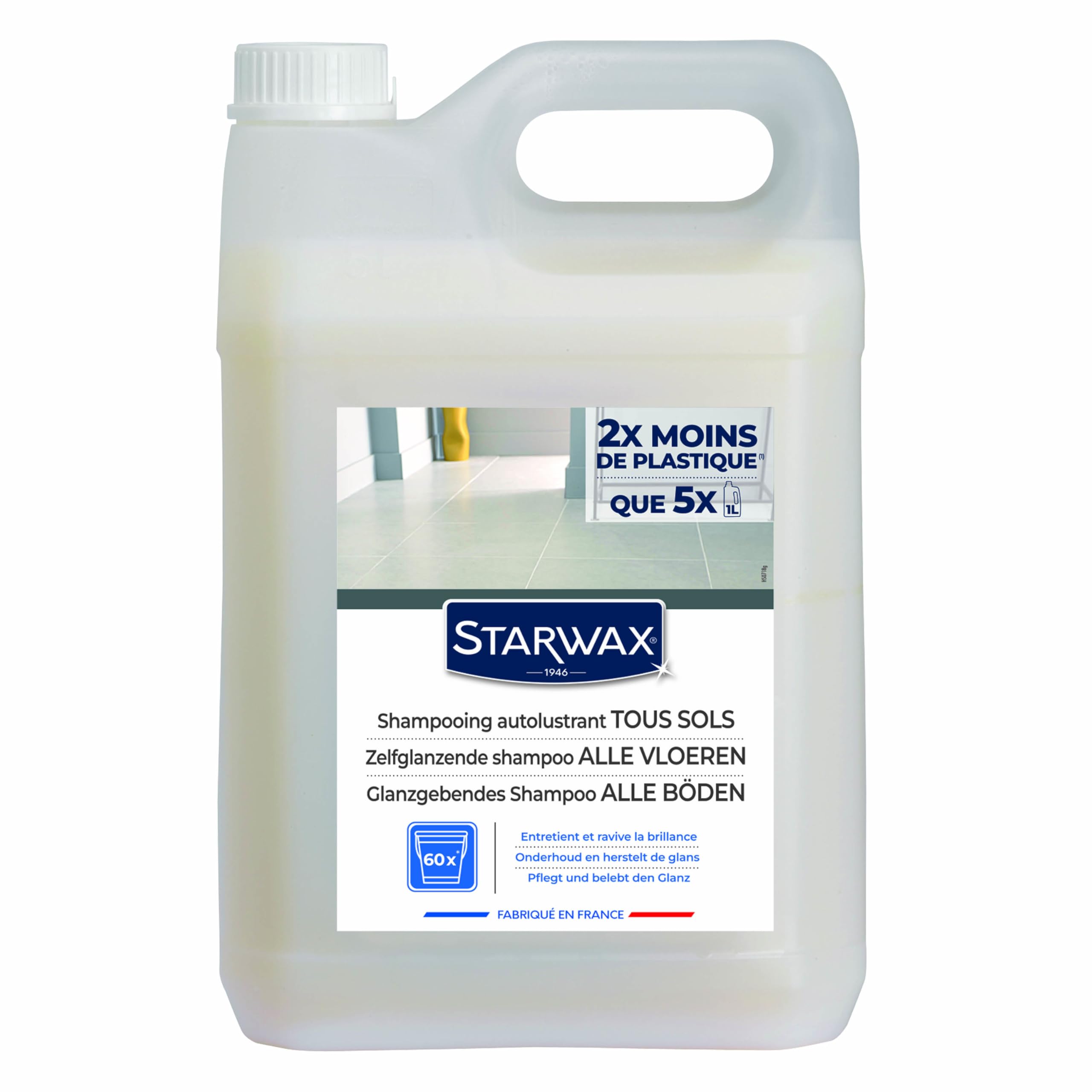 STARWAX Shampooing autolustrant pour sols intérieurs 5L | Nettoie et fait briller carrelage parquet PVC stratifié et béton ciré, sans rinçage, non glissant, rendement 750m²/L