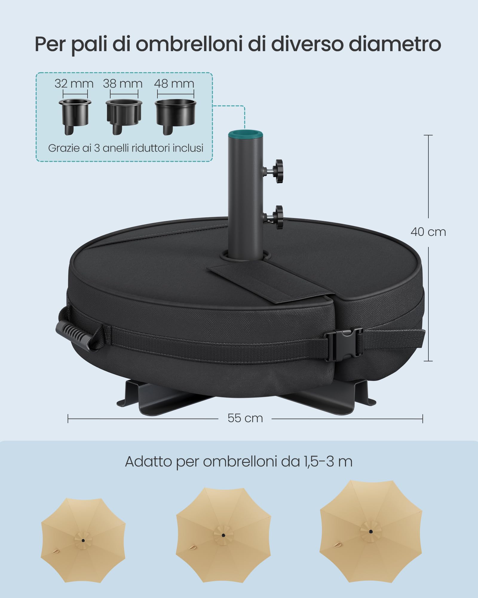 SONGMICS Base per Ombrellone, Supporto per Ombrellone, Riempibile con Sabbia, Porta per Ombrelloni da 1,5 a 3 m, con 3 Anelli Riduttori, Nero GUB0041B01