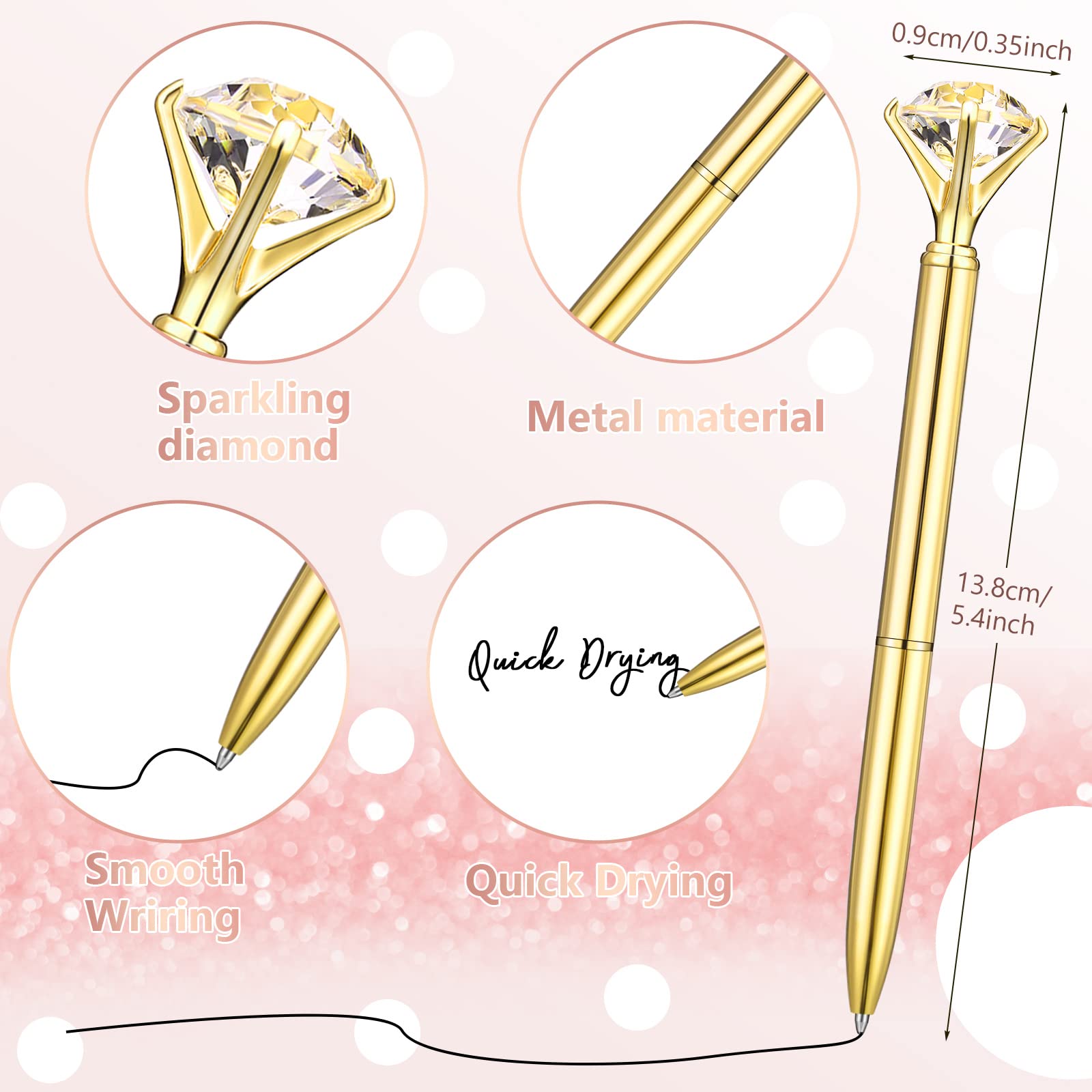 Lot de 50 stylos à bille en métal avec strass et encre noire, jolis stylos de mariage, pour bureau et école (doré)