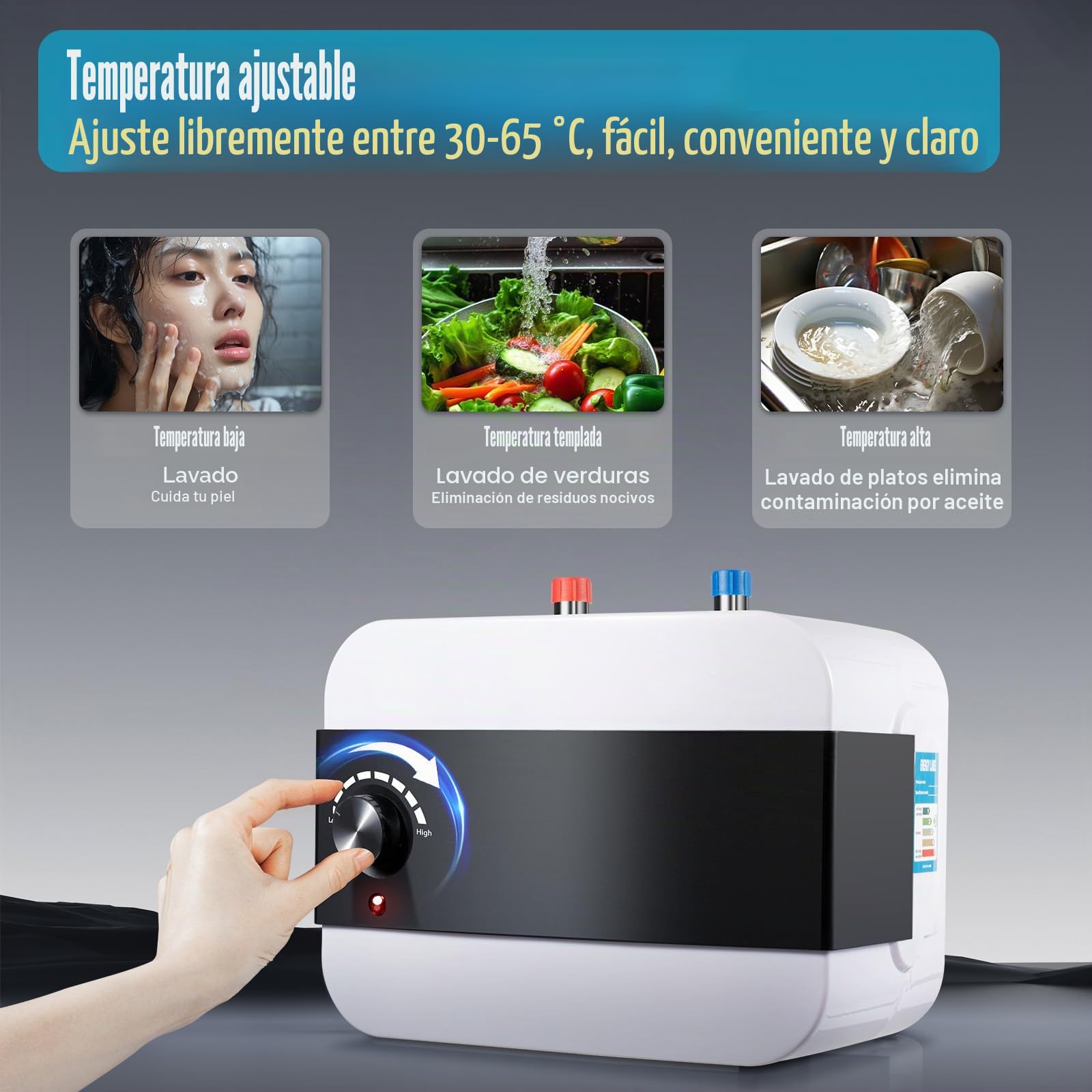 Termo Electrico, 1,5 Kw Calentador de Agua Electrico Instantaneo, Tiempo de calentamiento 8-15 minutos, Rango de ajuste de temperatura 30-65℃, Capacidad 6L, Adecuado para cocinas, baños, etc