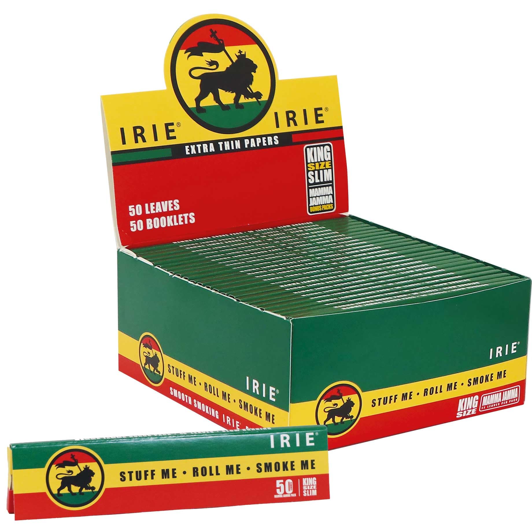 IRIE Slim Extra Dünne Rastafari Style 1 komplettes Display! 50 Blatt pro Booklet, 2500 Blatt Gesamt, 1.5-inch, Papier, Spanien