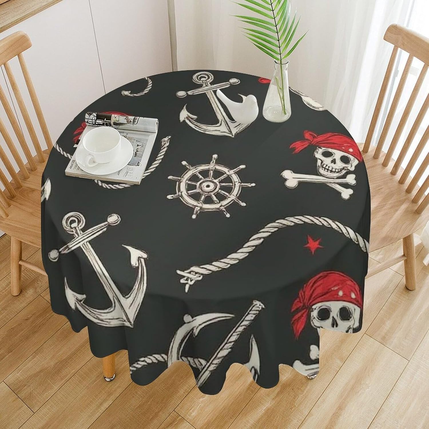 Nautical Anchor Pirate Skulls Crossbones Polyester Table Cloth for Parties Tablecloth Wrinkle Free Dining Table Cover Waterproof Round Tablecloth