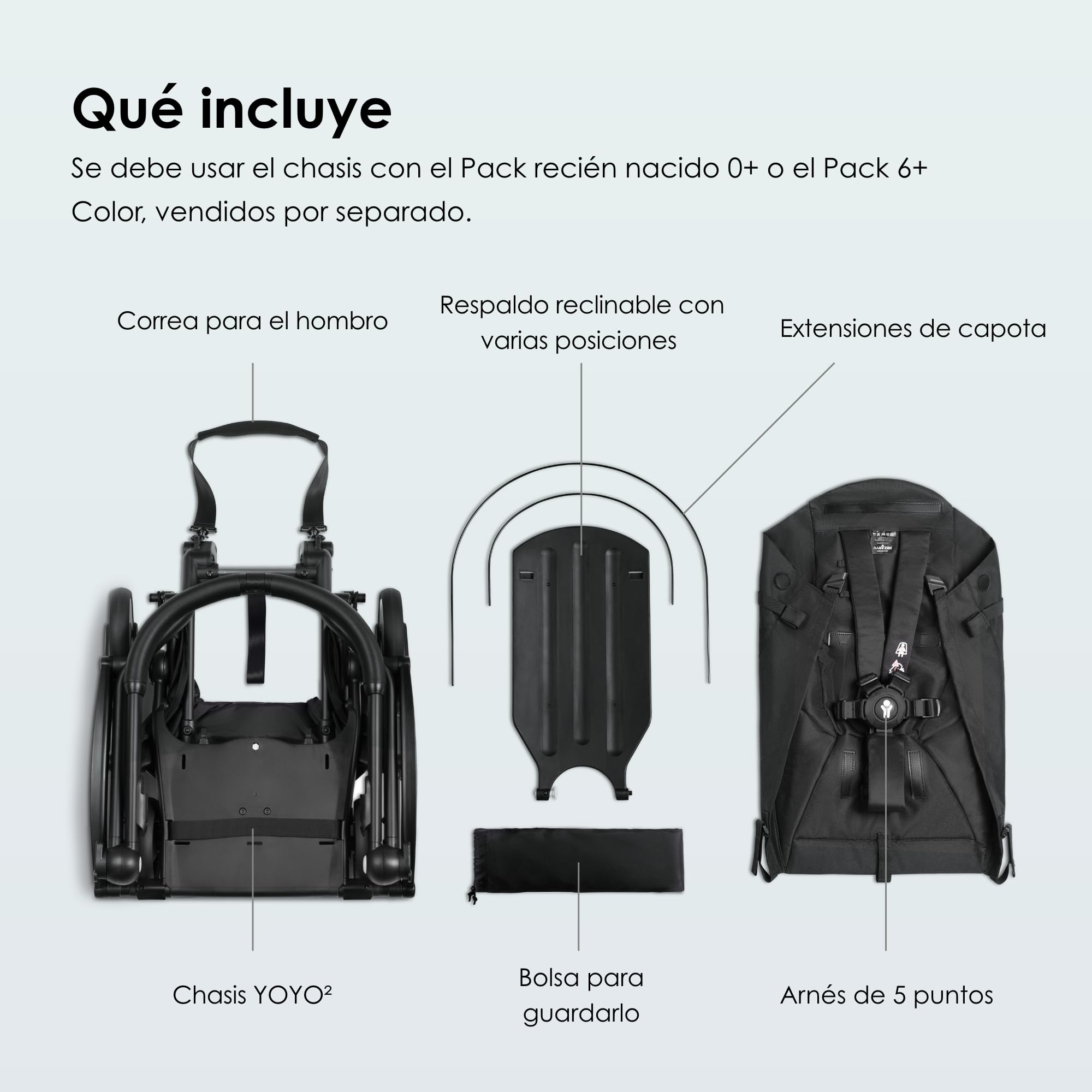 BABYZEN YOYO2 Chasis de cochecito, Negro - Set de textiles no incluidos - Viene con arnés de 5 puntos, respaldo reclinable, extensiones de capota, correa para llevar al hombro y bolsa protectora