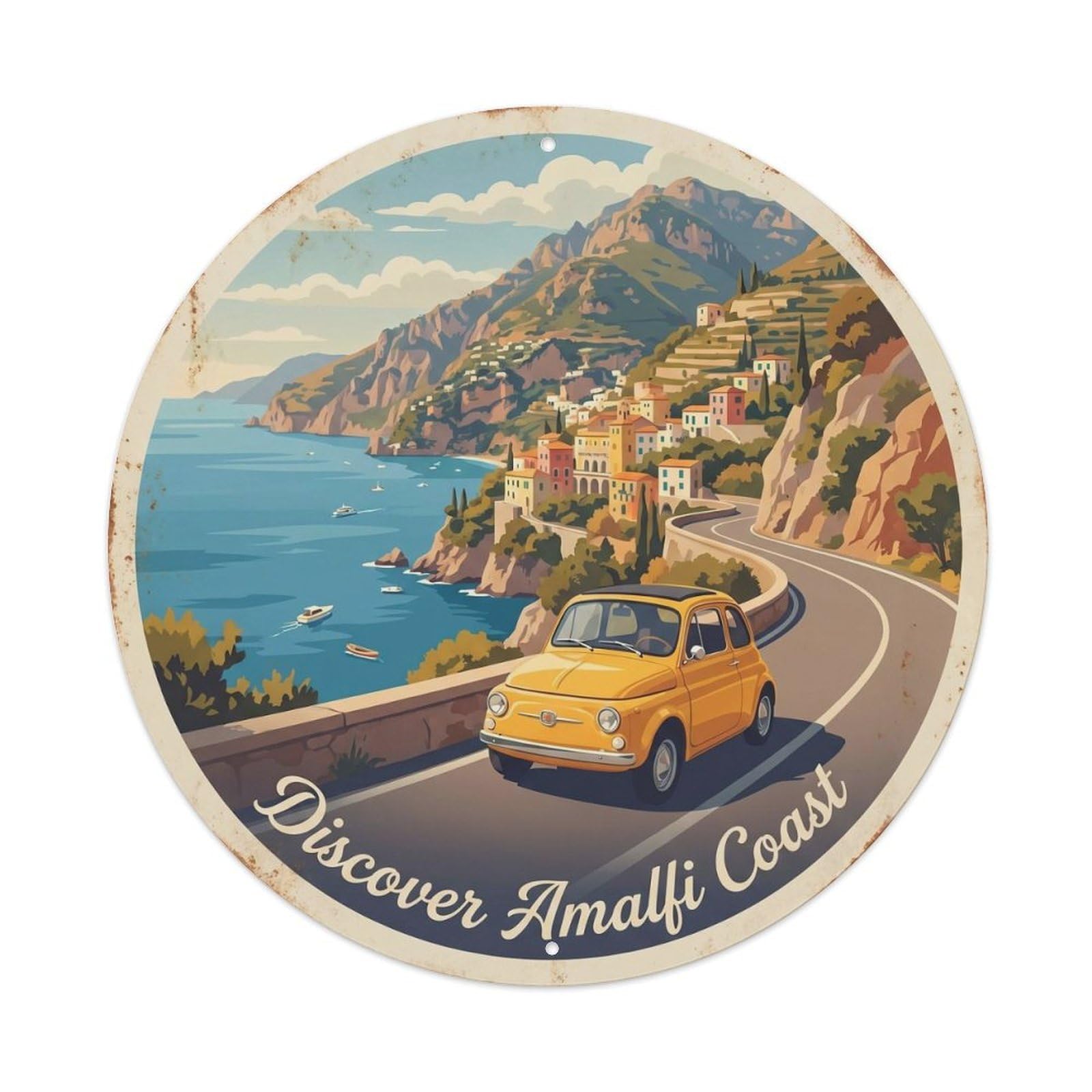 Amalfi Road Journey Retro Travel Italian Coast Destination Metal Tin Sign Plaque Wall Decor for Cafe, Man Cave, Club Bar, Office, Home Garden Round Metal Poster 8x8Inch