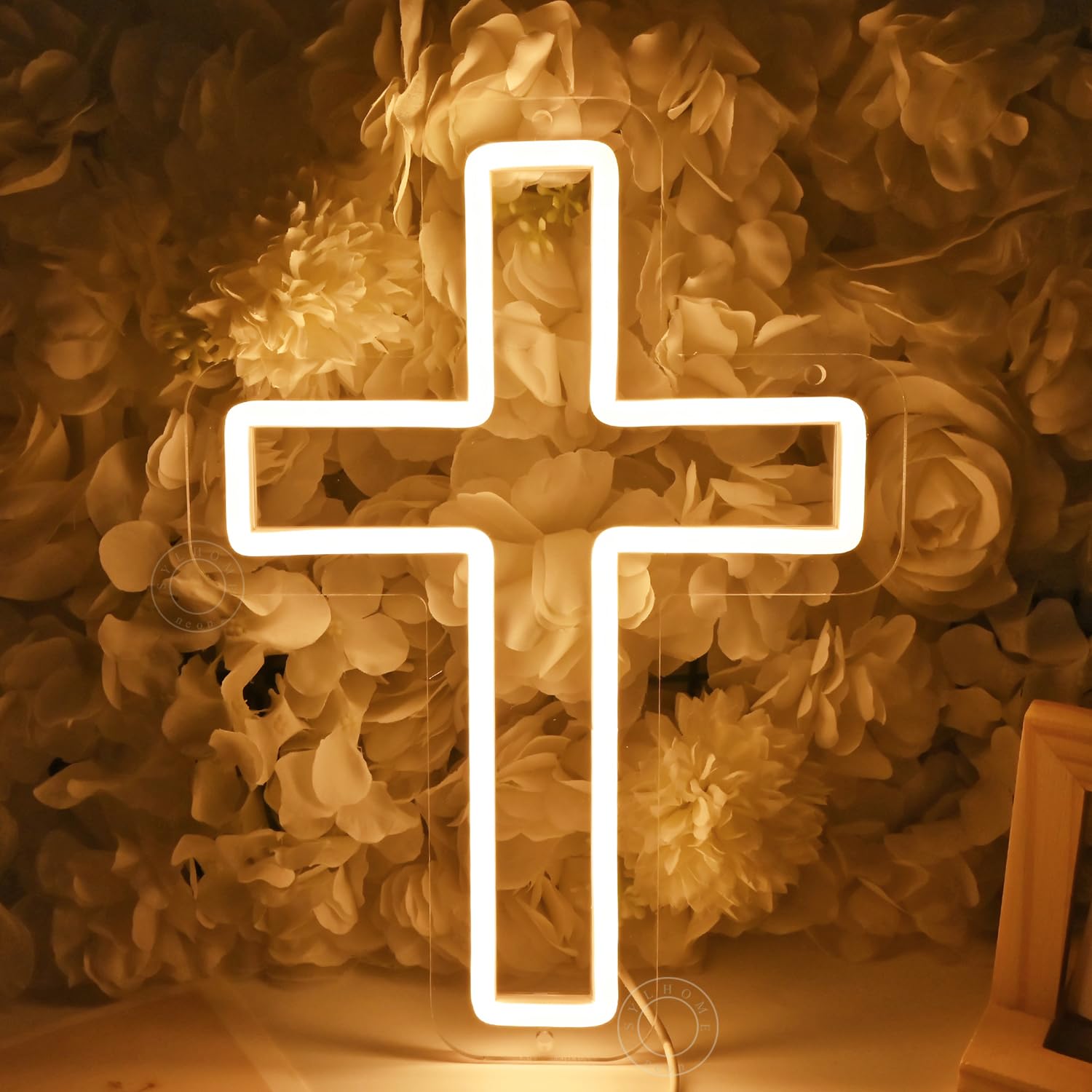 SYLHOME Cross Led Neon Light Sign Kids Bedroom Nursery Wall Sign Decor Christening Baby Shower Wedding Birthday Party Backdrop 11.8" X 8.66" USB — image 1