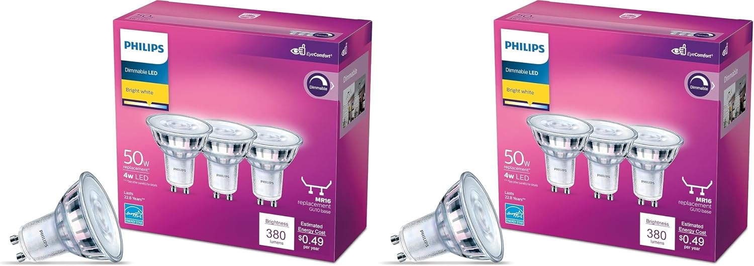 Philips LED MR16, regulable, sin parpadeo, tecnología Eye Comfort, 380 lúmenes, blanco brillante (5000), 4 W 50 W, certificado T20, paquete de 3