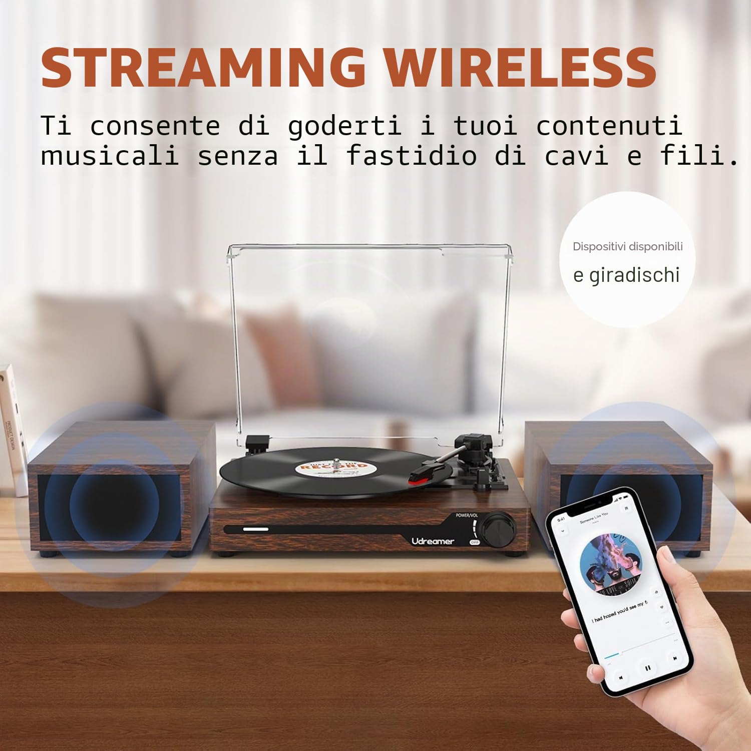 Udreamer Giradischi con 2 altoparlanti stereo doppio, giradischi vintage Bluetooth 5.3 supporta 3 velocità, AUX-In, RCA Line, USB, riproduzione wireless, noce