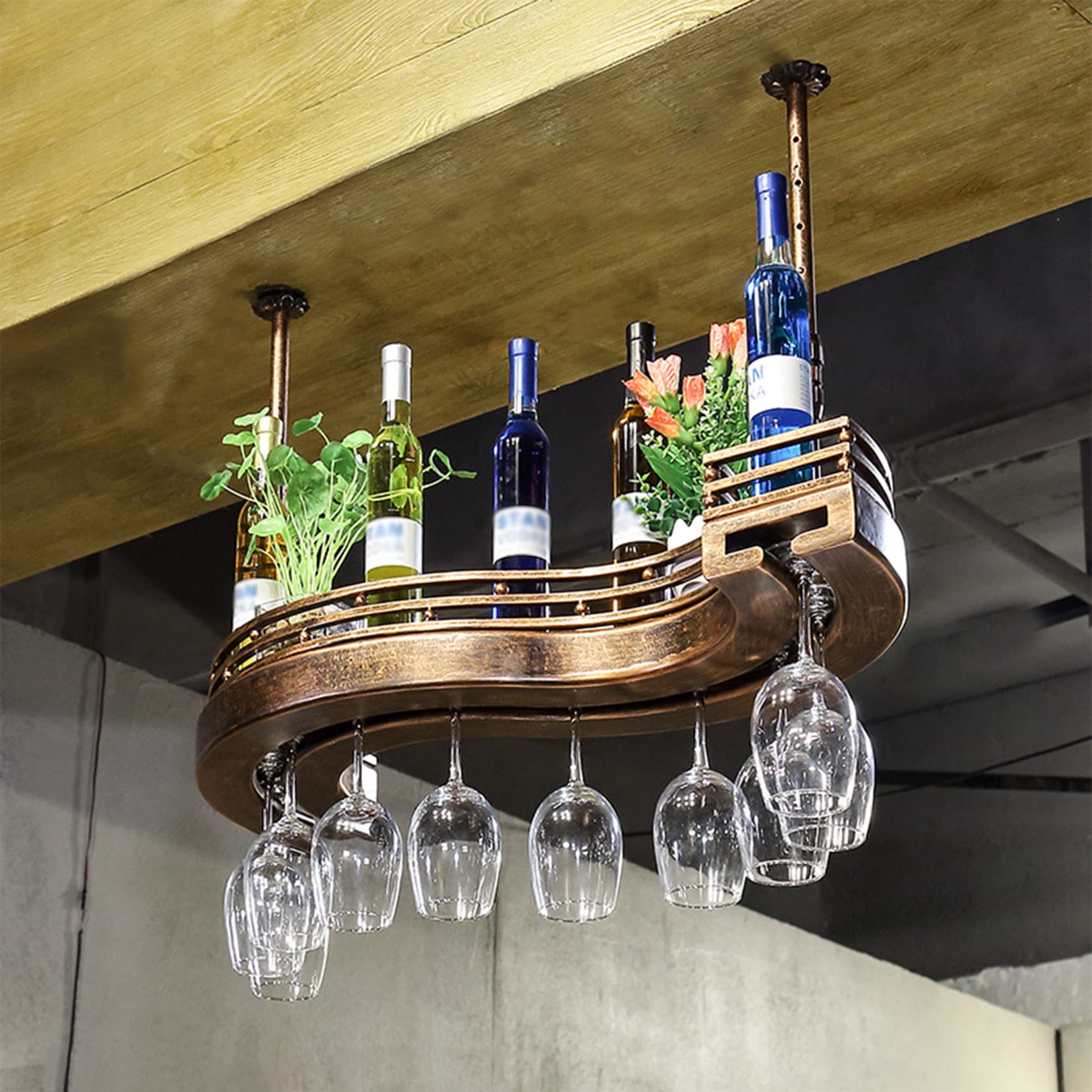 Porte-verres à vin suspendus au plafond avec support bouteille mural style rétro noir