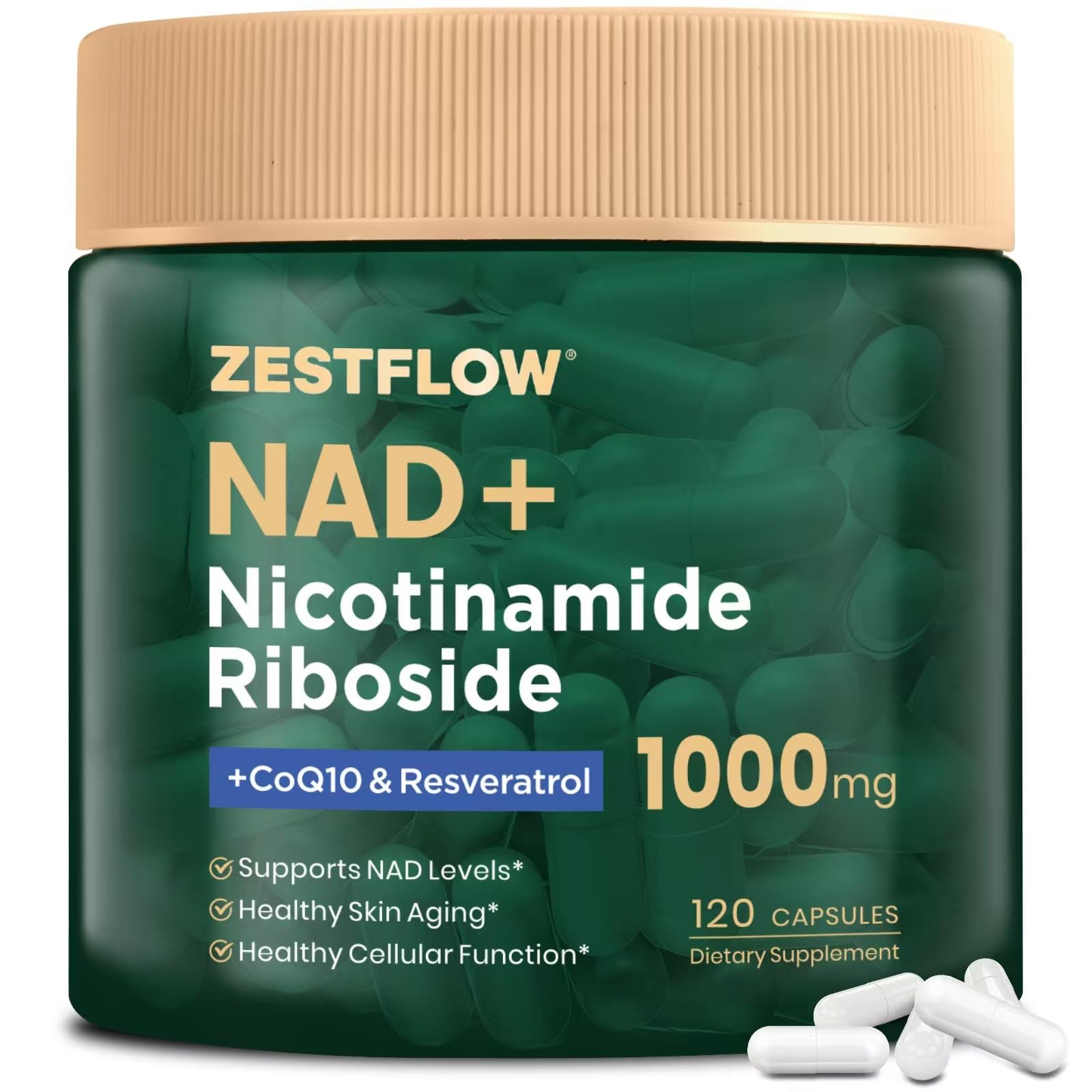 NAD Supplement, NAD+ Nicotinamide Riboside Resveratrol 1000mg, Liposomal NAD Supplement for Women & Men, NAD Plus with CoQ10 for Cellular Energy & Healthy Aging, 120 Caps - 60 Day Supply
