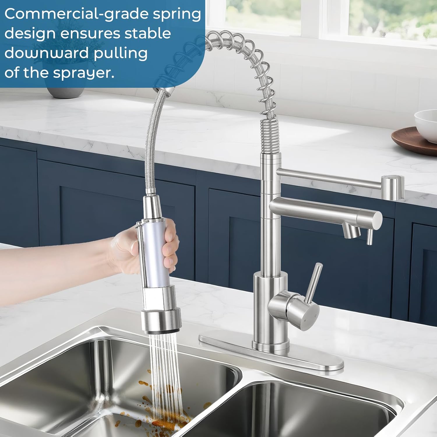 Kitchen Faucets with Pull Down Sprayer, Single Handle Double Headed, Stainless Steel Commercial Kitchen Sink Faucet with Deck Plate Cover, 1 or 3 Hole, Brushed Nickel