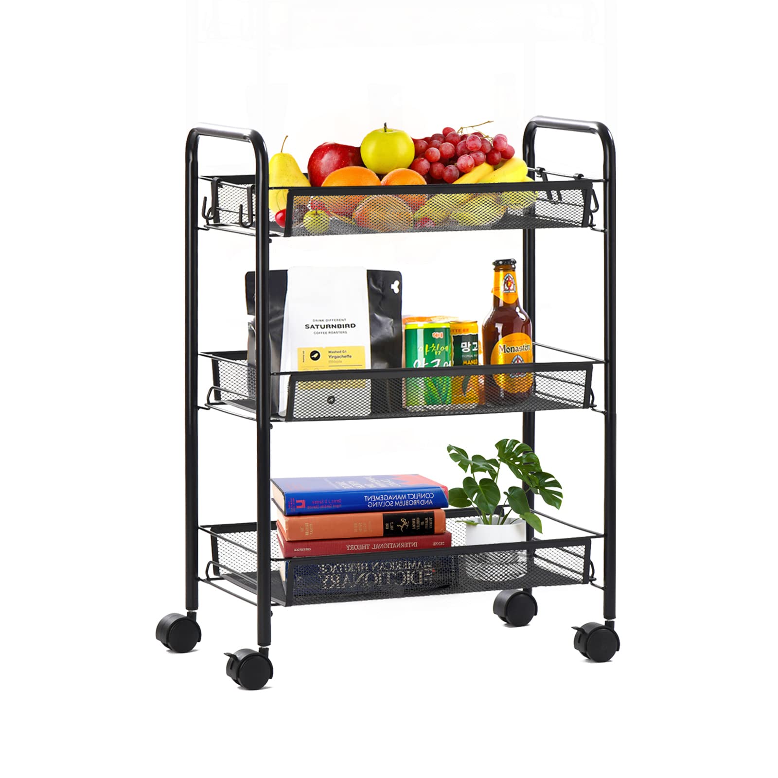 LIFEASE 3-Tier Storage Trolley Mesh Kitchen Trolley Multi-Purpose Rolling Cart with 4 Free Casters 4 Hooks for Home, Office, Kitchen, Bathroom, Bedroom (Black)