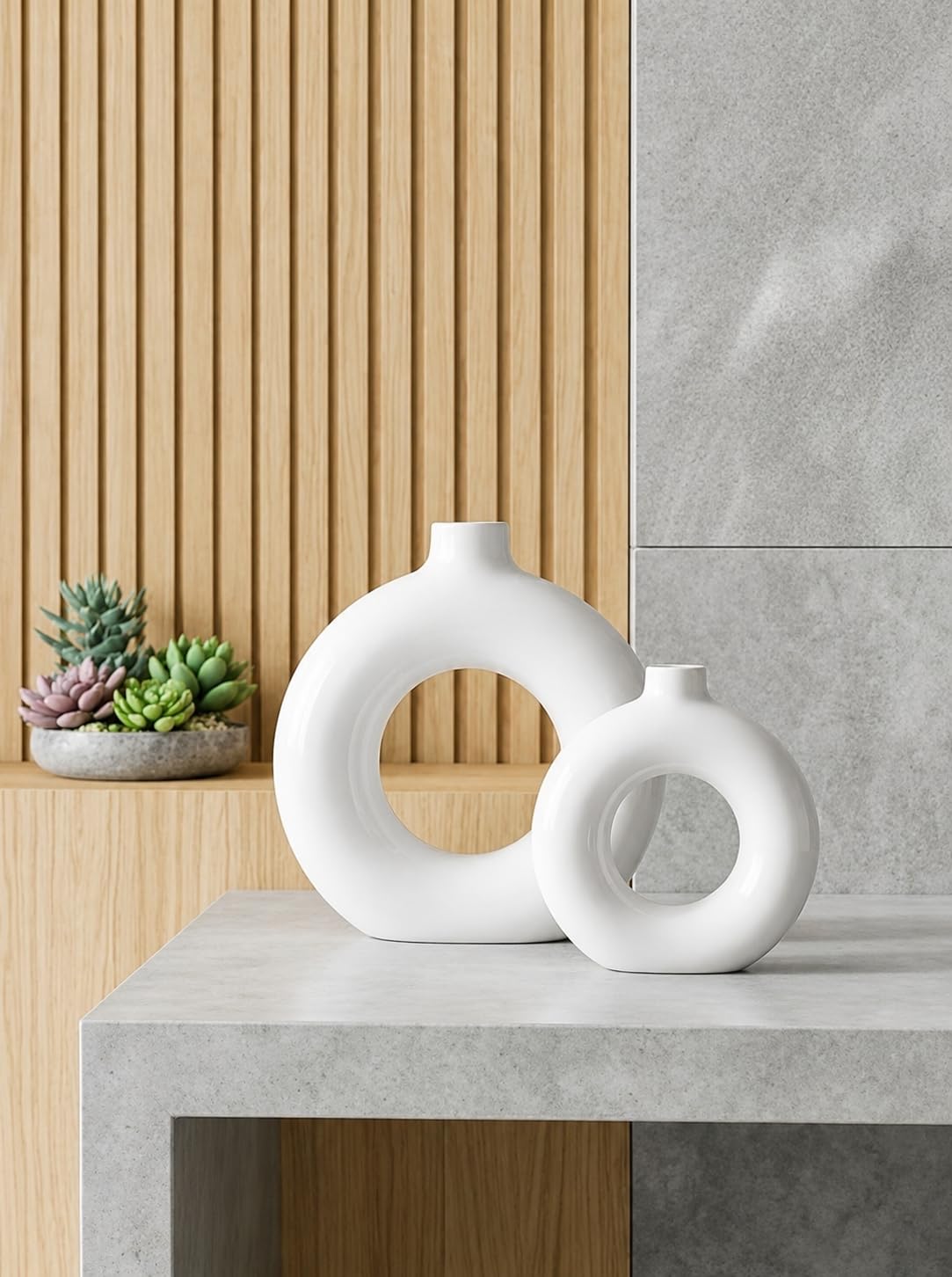 AXORIA Decor Donut Ring Vases Set of 2, 8 and 6 Inch | White Ceramic, Circular Cut-Out Design-image-44