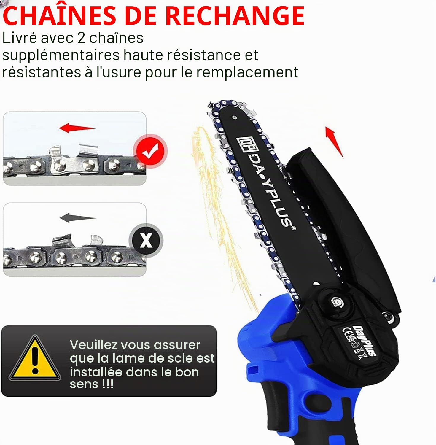 Tronçonneuse électrique super puissante et scie à bois à batterie avec aiguiseur - Outil de jardin avec une batterie Li-Ion et 2 chaînes, 2200W, longueur de la plaque de guidage de 15,2 cm