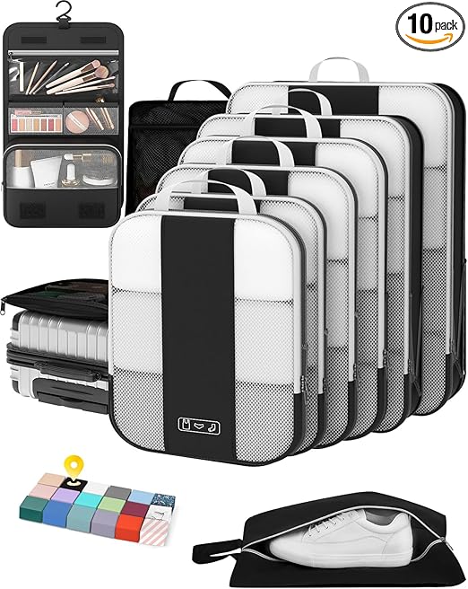 10 Set Compression Packing Cubes for Travel Essentials,Compressible Expandable Packing Cubes for Suitcase,OlarHike Luggage Organizer Bags for Travel,Handy Helper for Organizing Clothes(Black)
