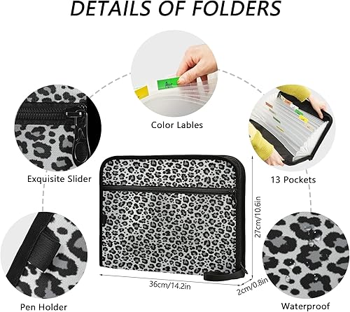 Miniatura 3 de Carpeta organizadora expandible, con estampado de leopardo de nieve gris, carpeta de archivo expandible, superficie impermeable con cordón